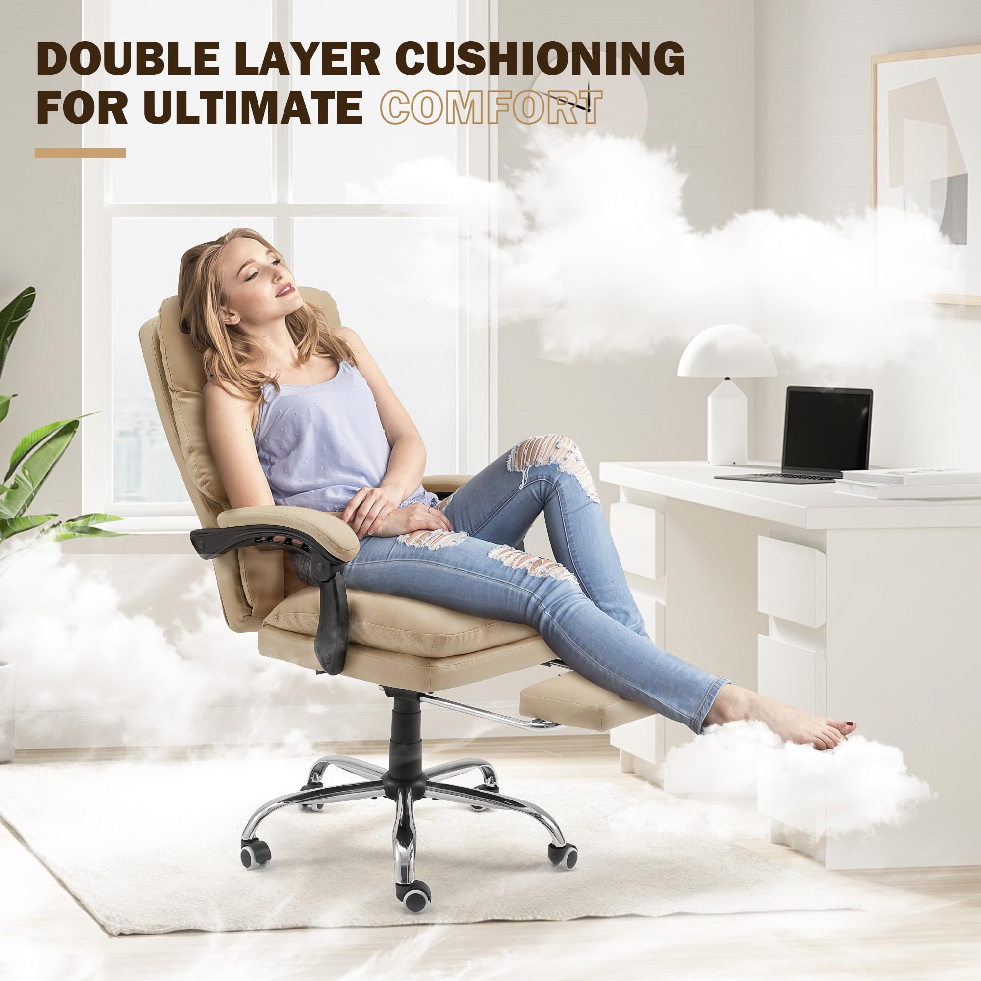 HOMREST Ergonomic Office Chair with 6-Point Massage & Heating, Adjustable Executive Desk Chair with Footrest - PU Leather Home Office Chair for Back Pain Relief, Perfect for Work from Home & Office Use (Khaki)