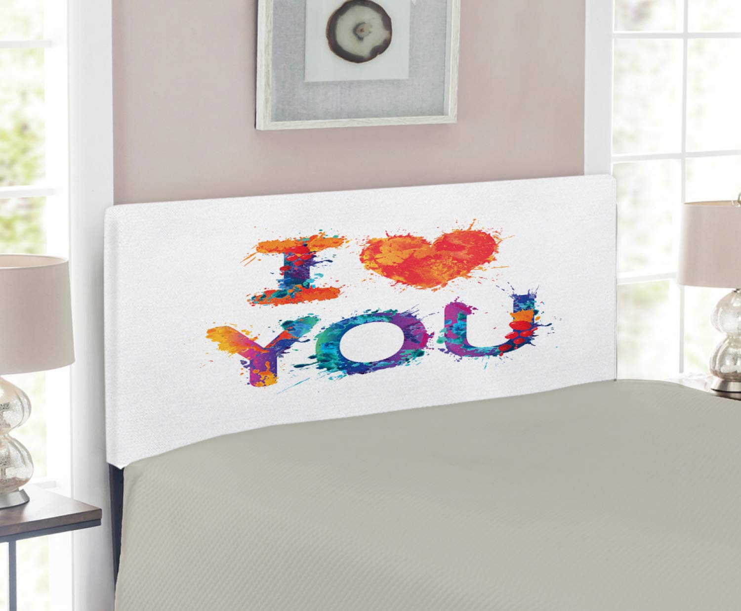 Ambesonne I Love You Headboard - Vibrant Watercolor Brushstroke Design, Upholstered Decorative Metal Bed Frame with Memory Foam, Twin Size, Multicolor - Perfect for Romantic Bedrooms & Cozy Master Suites