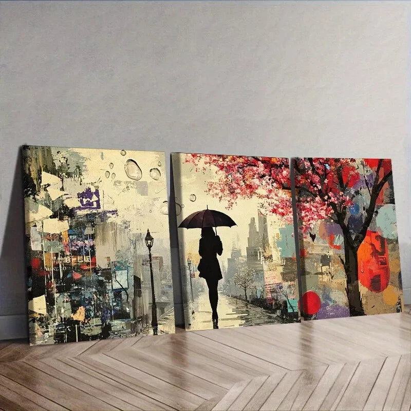 3-Piece 'A Woman Walks With An Umbrella' Wall Art Set - Framed Canvas 40x60cm (16x24in) | High-Quality Print | 100% Australian Made | Ready to Hang | Perfect for Living Room, Bedroom & Office Decor