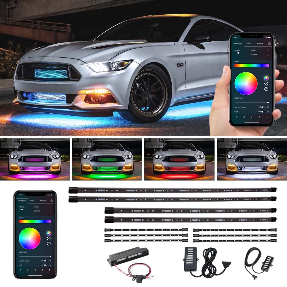 LEDGlow 4-Piece Bluetooth RGB LED Underbody Underglow Kit & 6-Piece Interior Footwell Lighting for Cars - 16 Million Colors - Smartphone App Control - Customizable Mood Lighting for Car Shows, Night Driving & Vehicle Customization
