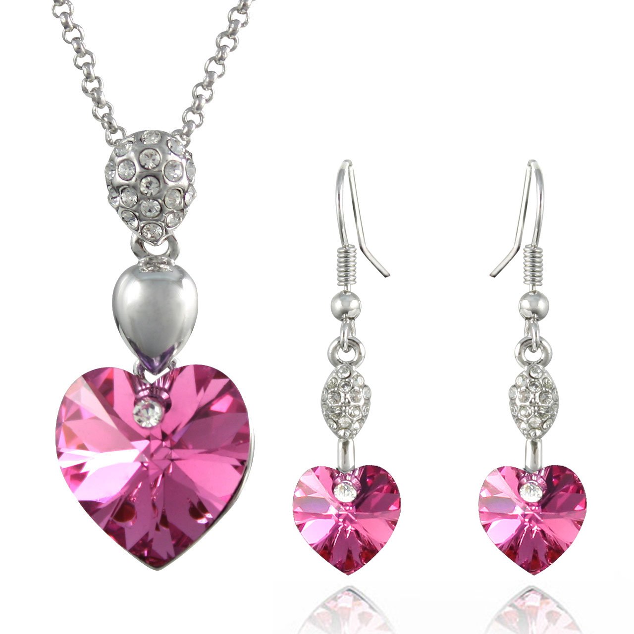 Sparkling Dahlia Heart Necklace & Earrings Set - Pink Crystal Jewelry for Party & Date