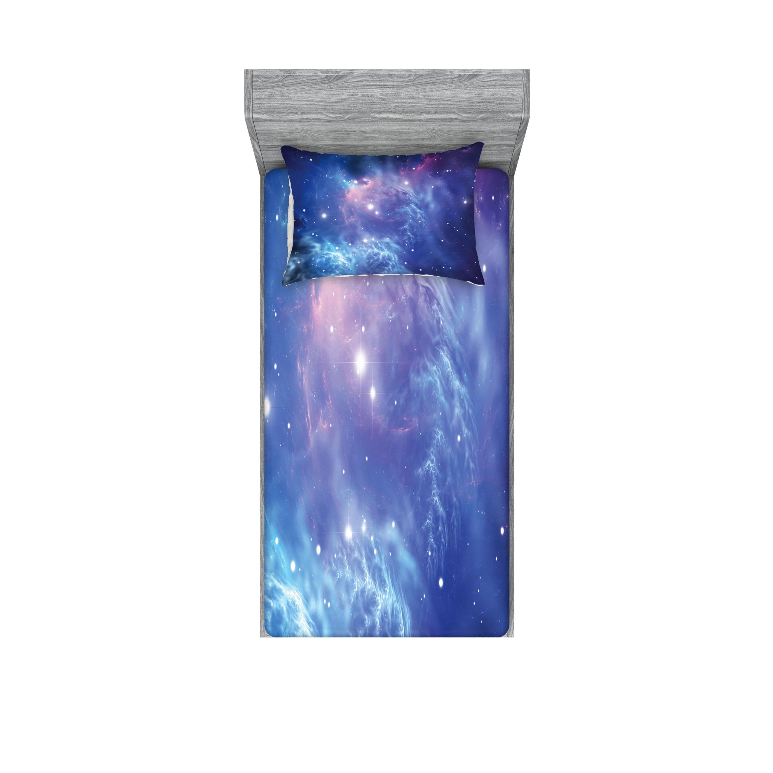 Ambesonne Outer Space Fitted Sheet & Pillow Sham Set - Galaxy Nebula Star Clusters Astronomy Art Bedding - 2 Piece Twin Size Purple Navy Printed Decor - Perfect for Astronomy Lovers & Space Themed Bedrooms