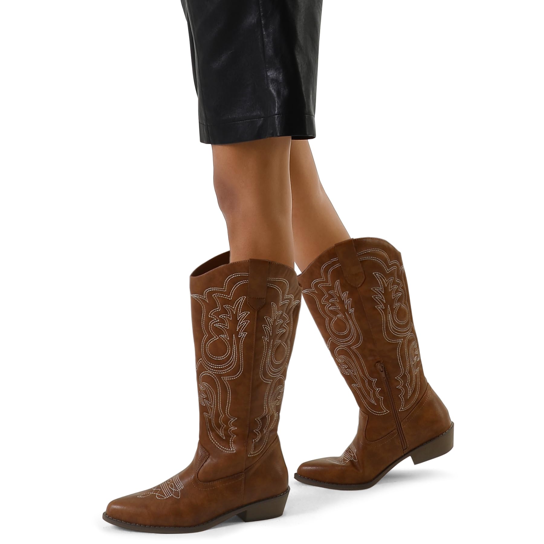 Mysoft Women's Cowboy Boots - Mid Calf Western Cowgirl Boots with Embroidered Design, Pointed Toe & Chunky Heel - Pull On Knee High Boots for Country Dancing, Rodeo & Fashion Outfits