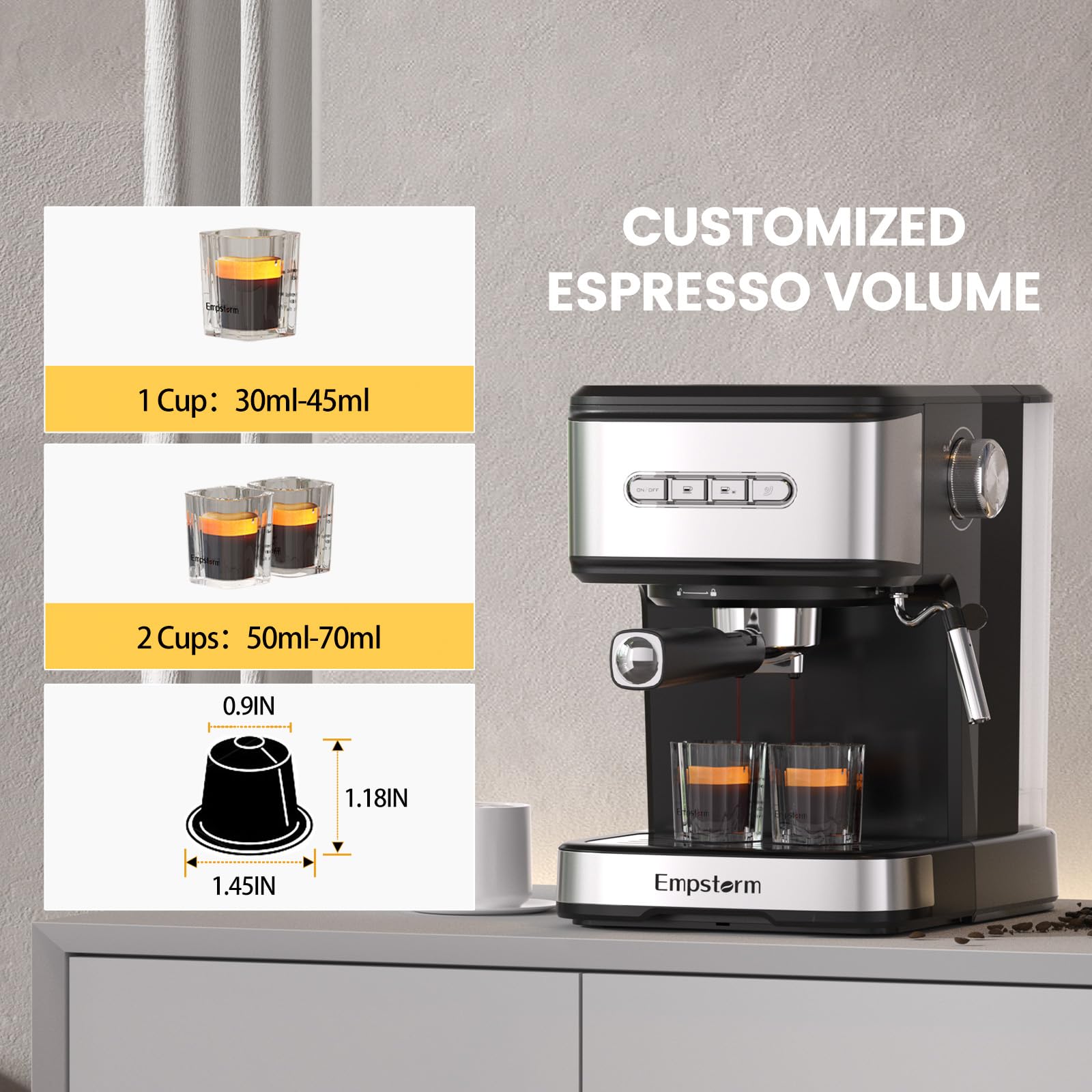 20 Bar Professional Espresso Machine with Milk Frother - 2-in-1 Coffee Maker for Cappuccino & Latte - 50oz Large Water Tank - Works with Coffee Powder & Capsules - 120V Black - Perfect for Home, Office & Coffee Shop Use