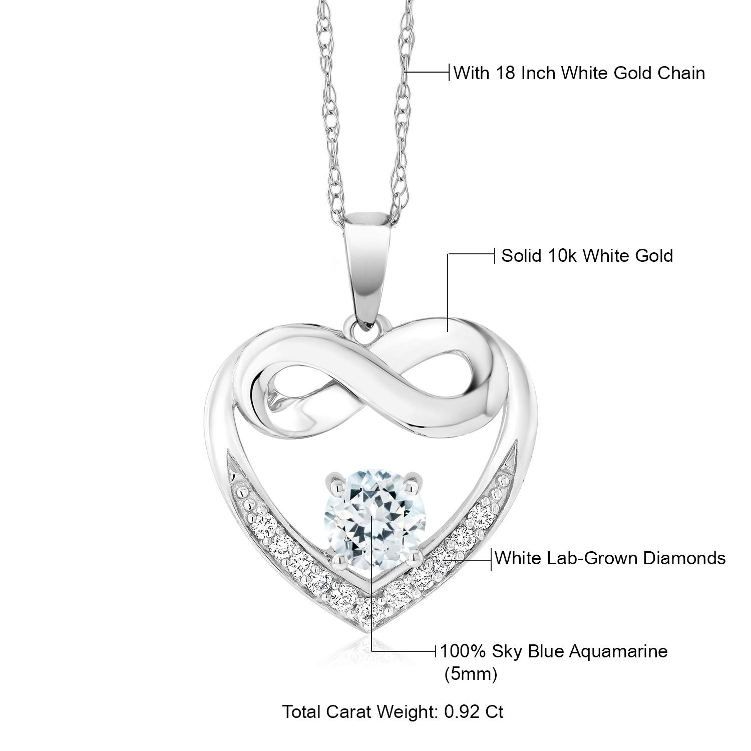 10K White Gold 5MM Gemstone & Lab-Grown Diamond Infinity Heart Pendant Necklace for Women - Birthstone Jewelry with 18