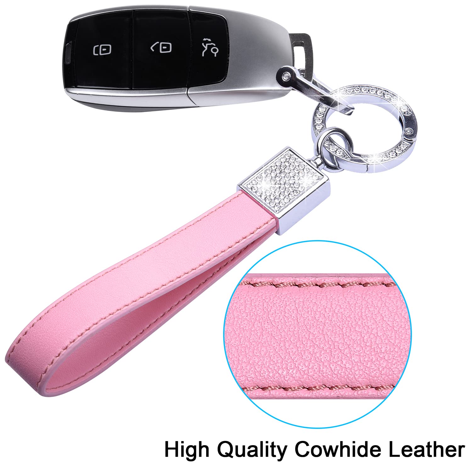 Wisdompro Bling Rhinestone Leather Keychain for Women - Crystal Key FOB Holder with 2 Key Rings, Car Key Accessories for Keyrings & Keychains (Pink) - Perfect for Car Keys, Purse, Handbag & Gift Giving