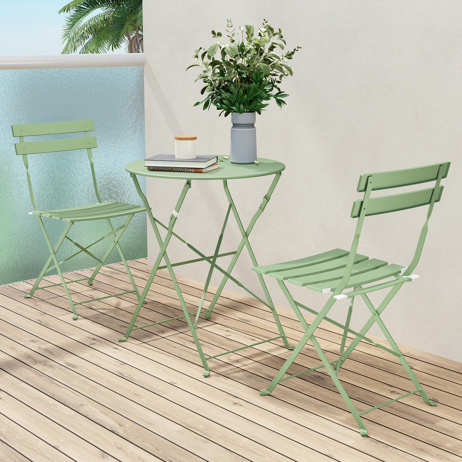 Premium Folding Patio Bistro Set - 3-Piece Outdoor Furniture with Table & Chairs in Sage Green - Perfect for Small Balconies, Gardens, and Backyard Relaxation