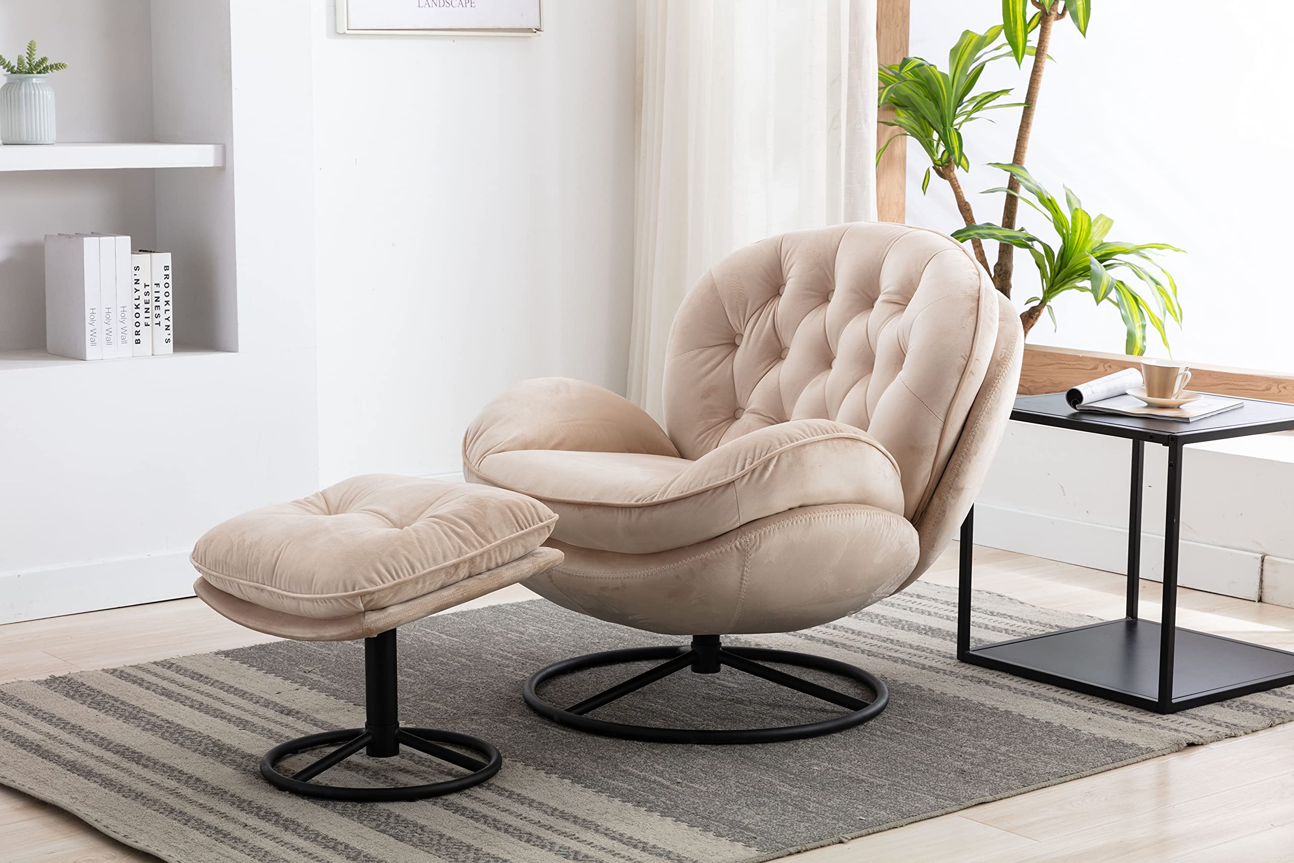 Velvet Swivel Accent Chair with Ottoman - Cozy Lounge Chair for Living Room, Bedroom & Reading Room - Modern Upholstered Lazy Sofa & Chase Lounger - Perfect for Relaxing, Watching TV & Reading (Beige)