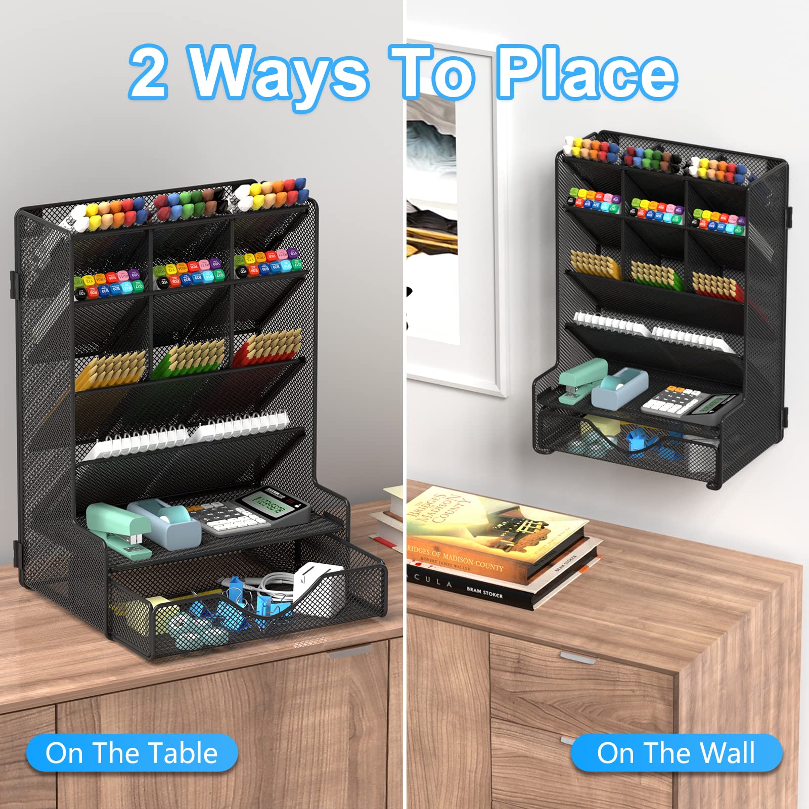 Multi-Functional Desk Pen Organizer with Drawer - Wall Mount Pencil Holder for School, Office & Home - Perfect for Art Supplies, Stationery & Craft Storage (Black) | Ideal for Workspace Organization & Creative Projects
