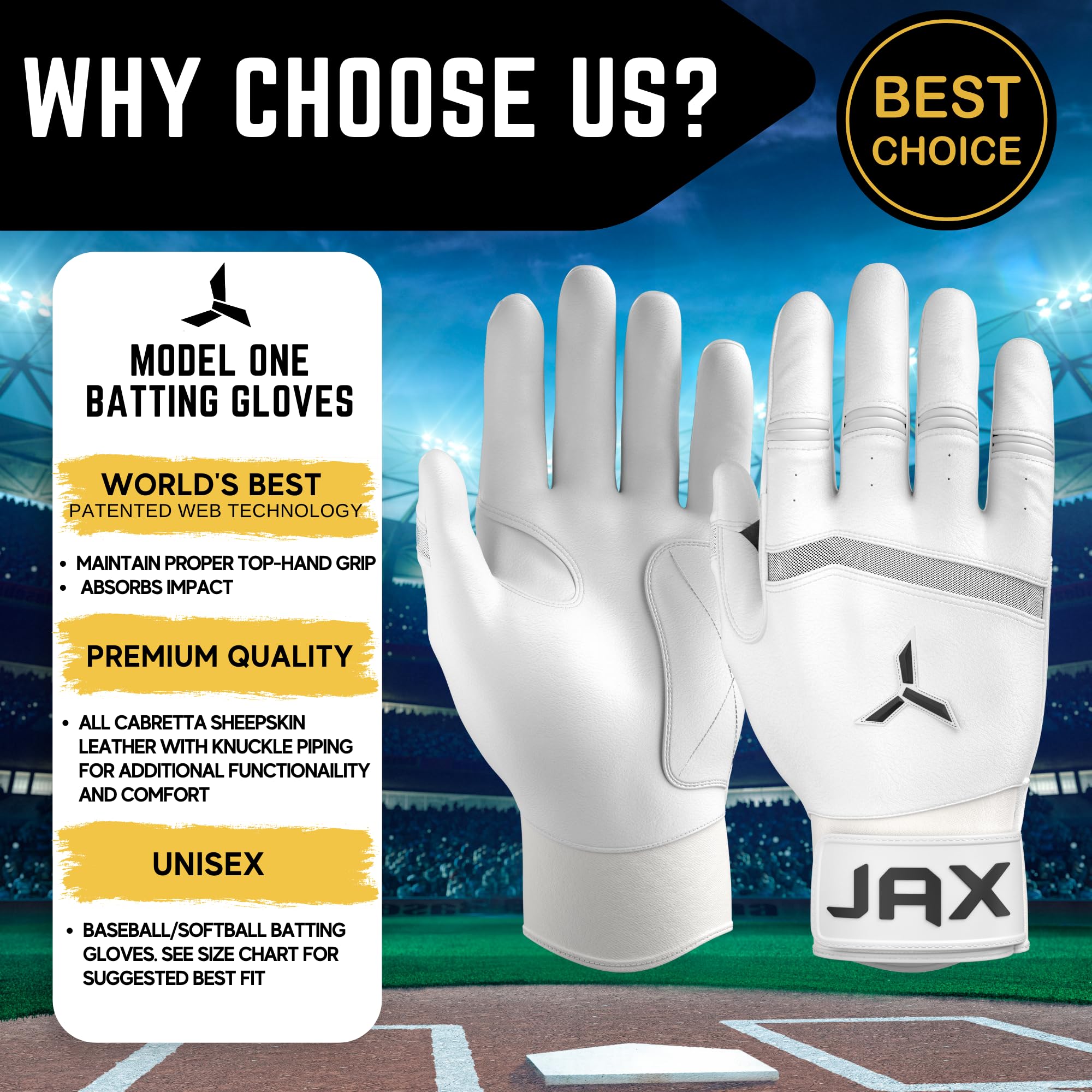 JAX Batting Gloves Model One - Youth & Adult Baseball & Softball Gloves with Pro Grip Web Technology - Perfect for Training, Games & Practice Sessions