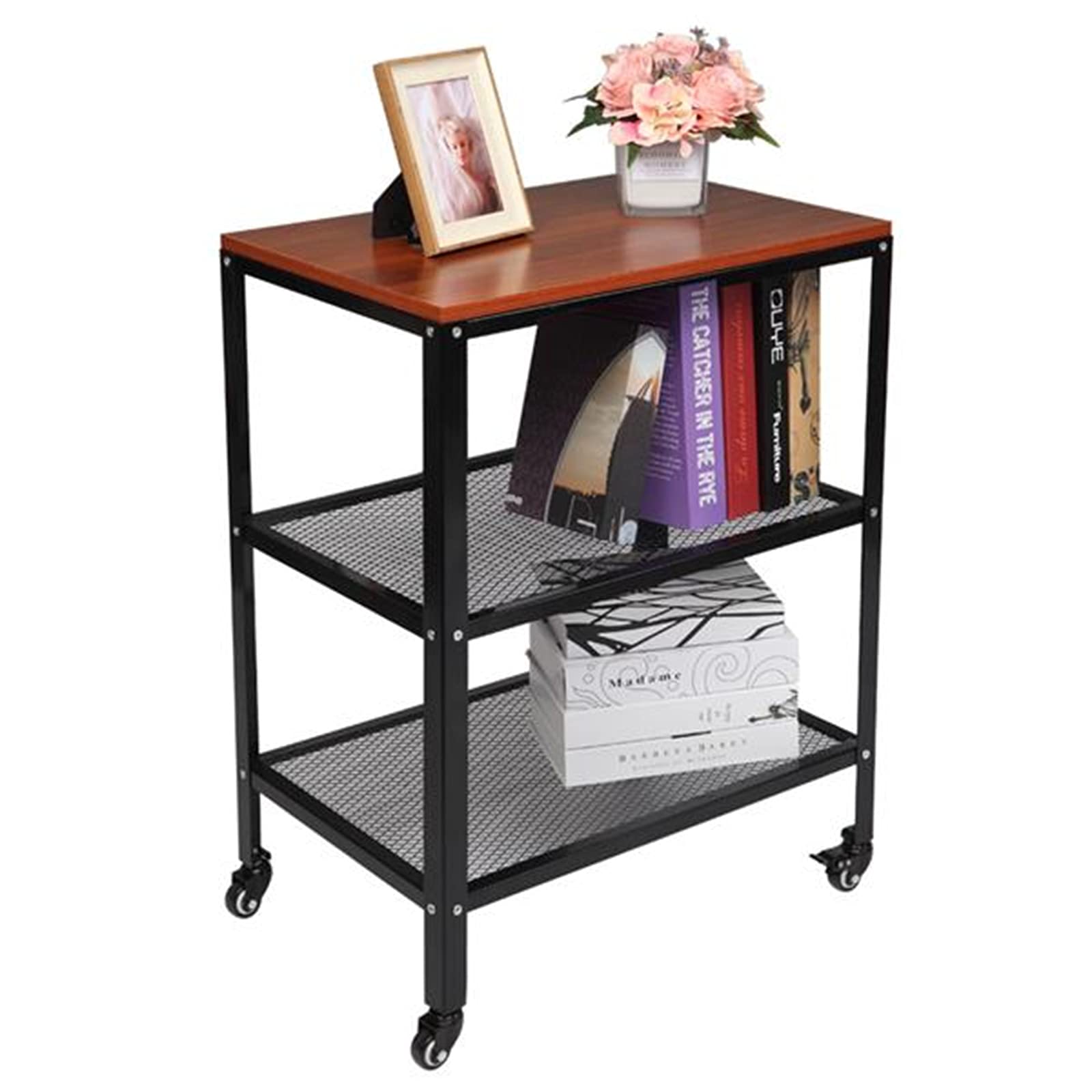 3-Tier Rolling Kitchen Microwave Cart with Wheels - Sturdy Metal Frame Storage Cart for Microwave, Baking Supplies & Kitchen Organization - Perfect for Small Spaces, Apartments & Living Room (Deep Brown)