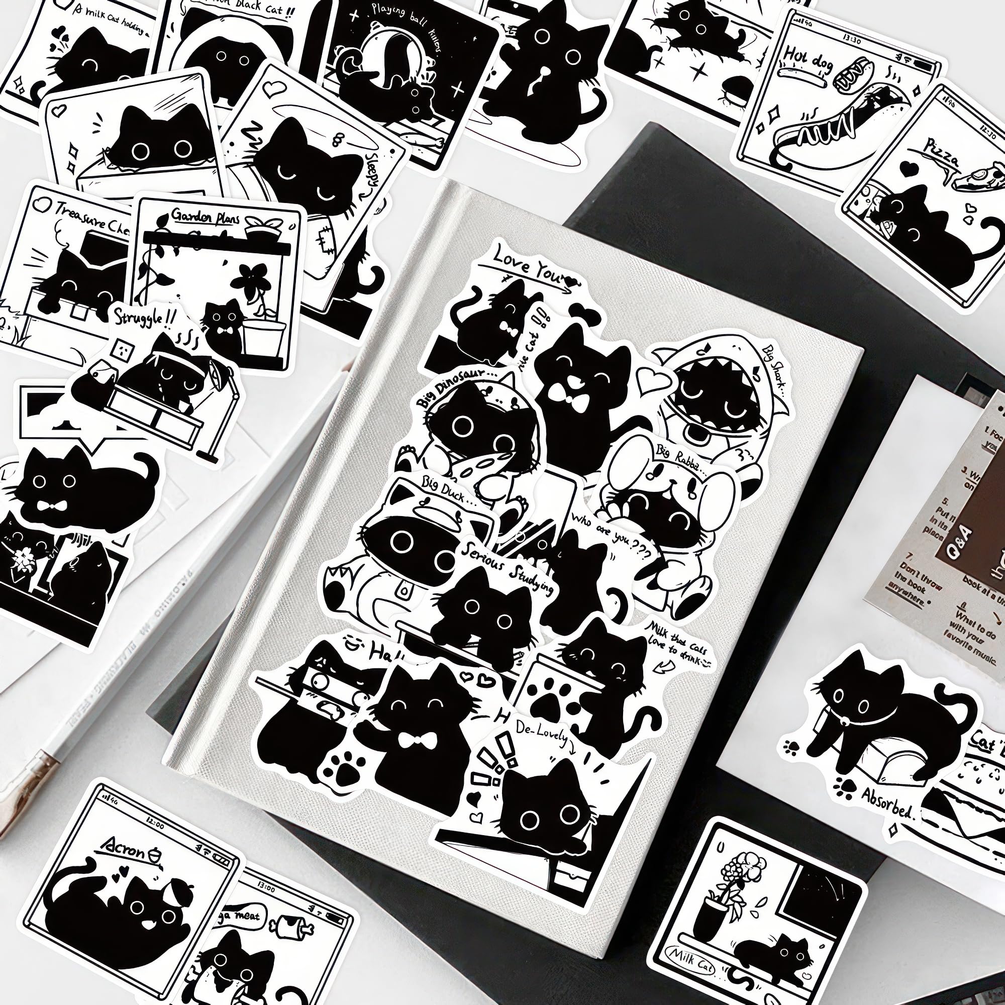 50 Pcs Cute Black Cat Meme Stickers - Waterproof Aesthetic Vinyl Decals for Water Bottles, Laptops, Cars & Planners | Fun Kitten Stickers for Teens, Girls & Kids | Perfect for Bedroom Windows, DIY Crafts & School Supplies