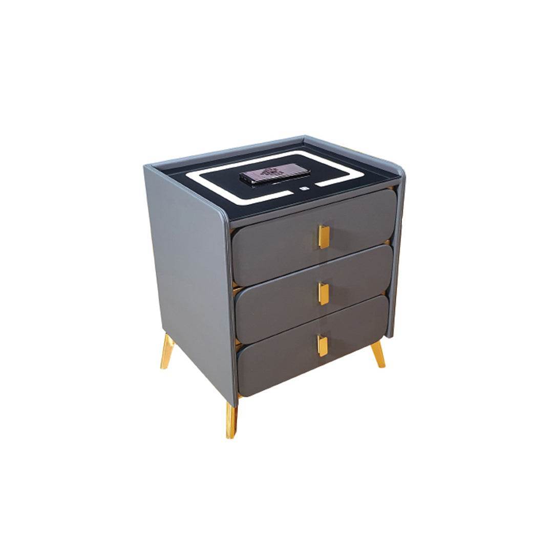Modern Grey Bedside Table with LED Light - Nightstand with USB Charging Port & Storage Shelf for Bedroom, Living Room, or Office