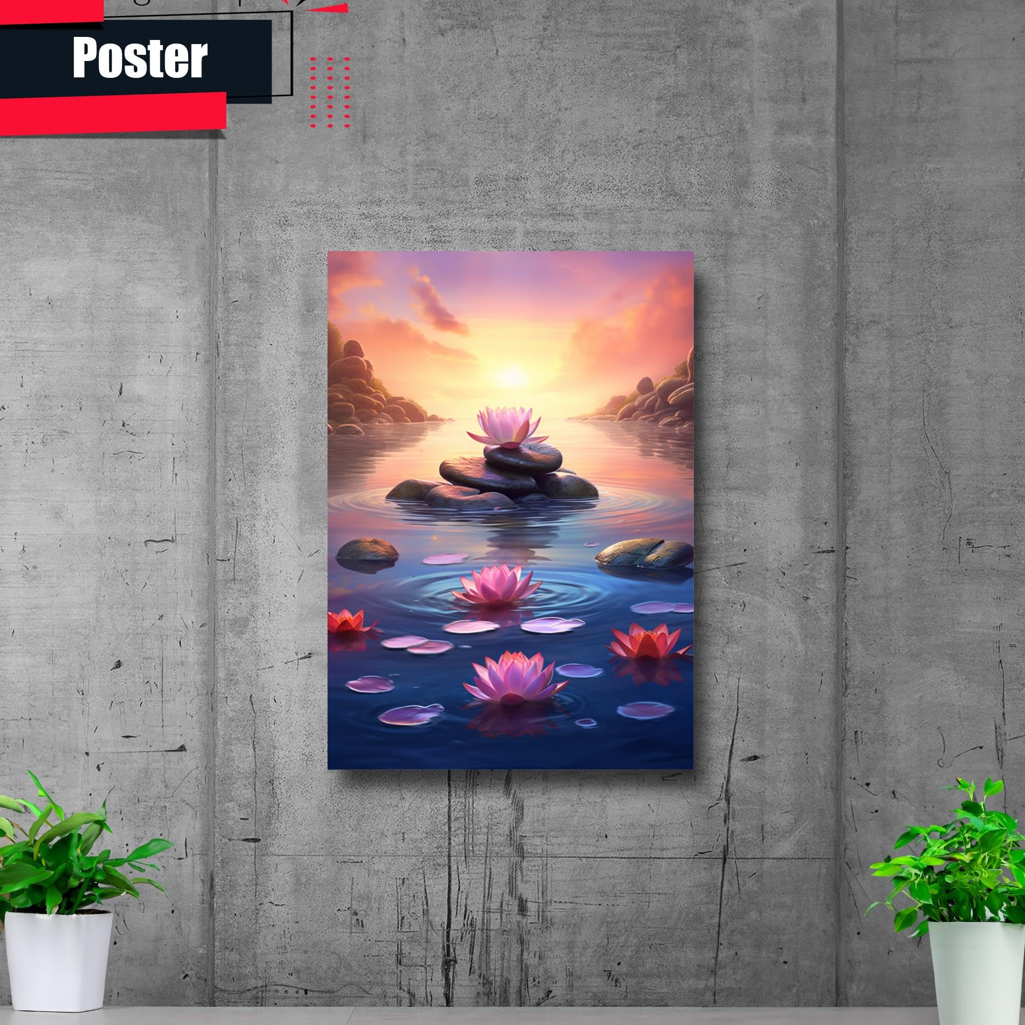 Zen Wall Art Decor - Framed Zen Garden Poster with Stone & Flower Picture, Peaceful Water Sunset Meditation Print for Yoga Room, Home & Office Decor | Perfect for Meditation Spaces, Yoga Studios & Relaxation Areas
