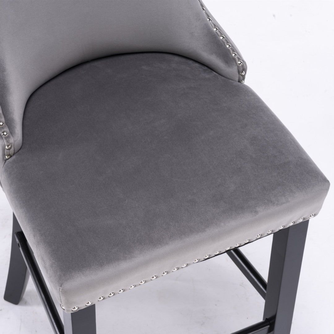 Velvet Upholstered Button Tufted Bar Stools with Wood Legs - Set of 4 Grey Barstools for Kitchen Island, Breakfast Nook & Home Bar Decor