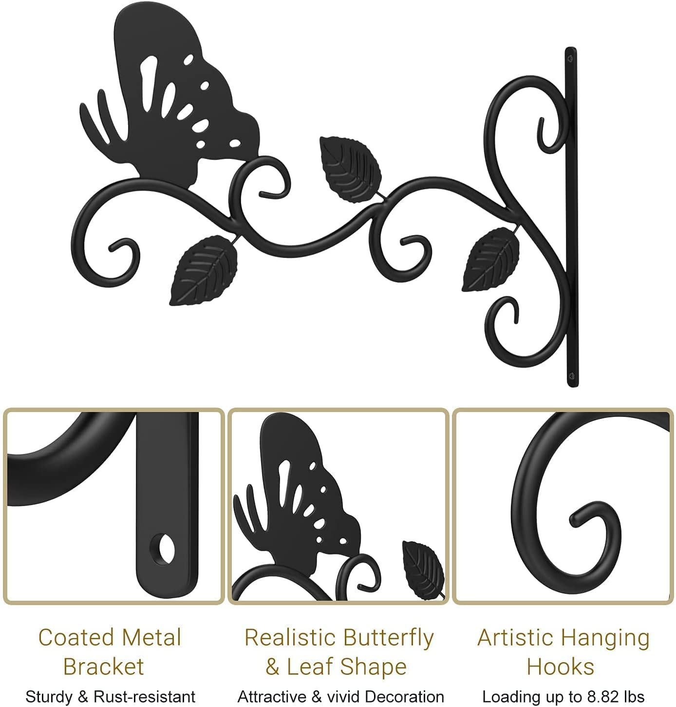 2 Pack 12 Inch Hanging Plant Brackets - Heavy Duty Wall Mounted Hooks for Outdoor Hanging Baskets, Bird Feeders, Flower Pots & Lanterns - Butterfly Design for Garden, Patio & Balcony Decor