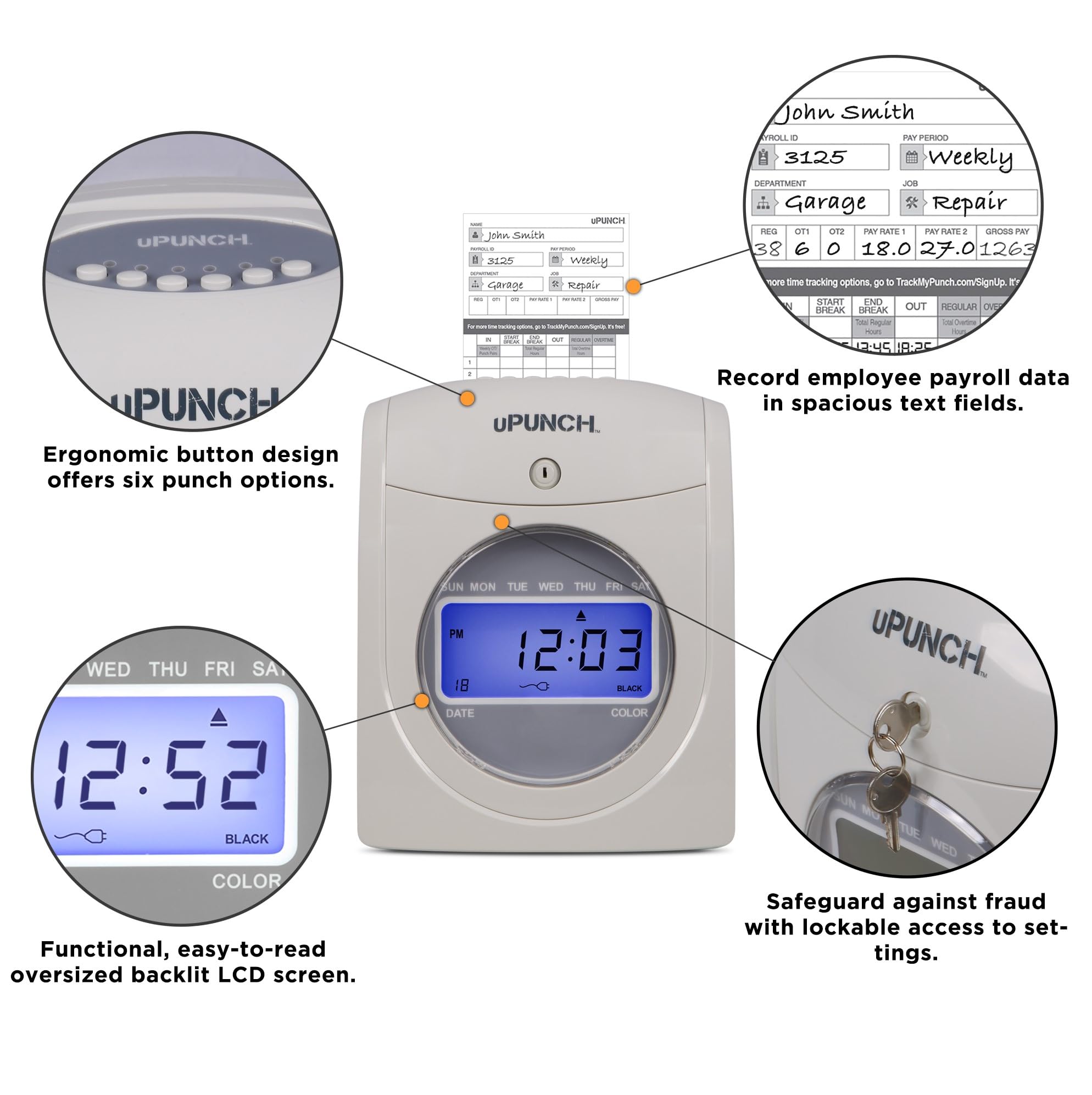 uPunch HN2500 Employee Time Clock System - Automatic Time Tracking with 100 Time Cards, Ribbon & Keys | Small Business Punch Clock Solution for Payroll, Attendance & Workforce Management | Office, Retail & Warehouse Use