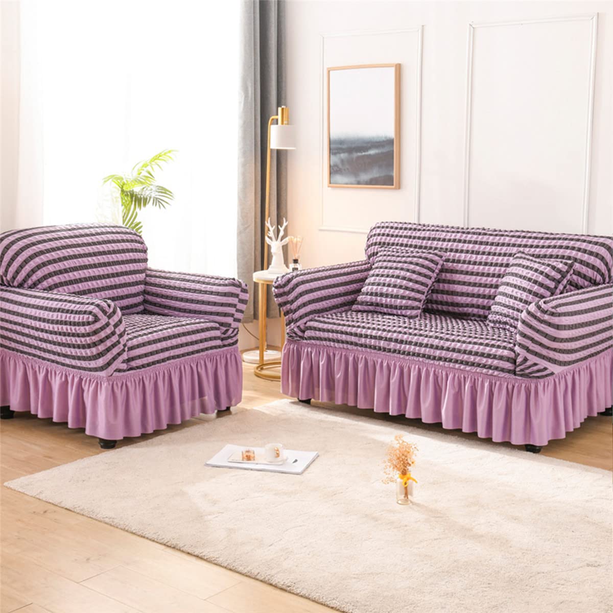 Stretch Sofa Slipcover - Washable Couch Cover with Elastic Bottom & Skirt - Furniture Protector for Sofa & Bed - Easy Fit (Striped Purple, Large) - Perfect for Living Room, Bedroom & Home Decor Protection