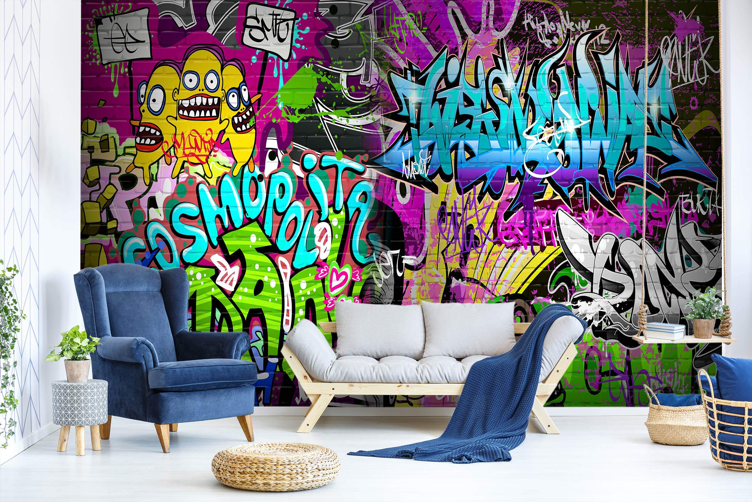 3D Graffiti Wallpaper Mural - Self-Adhesive Decorative Wall Sticker - 82”x58” (208x146cm) Woven Paper Design for Home & Office Decor - Perfect for Living Room, Bedroom, or Cafe Wall Art