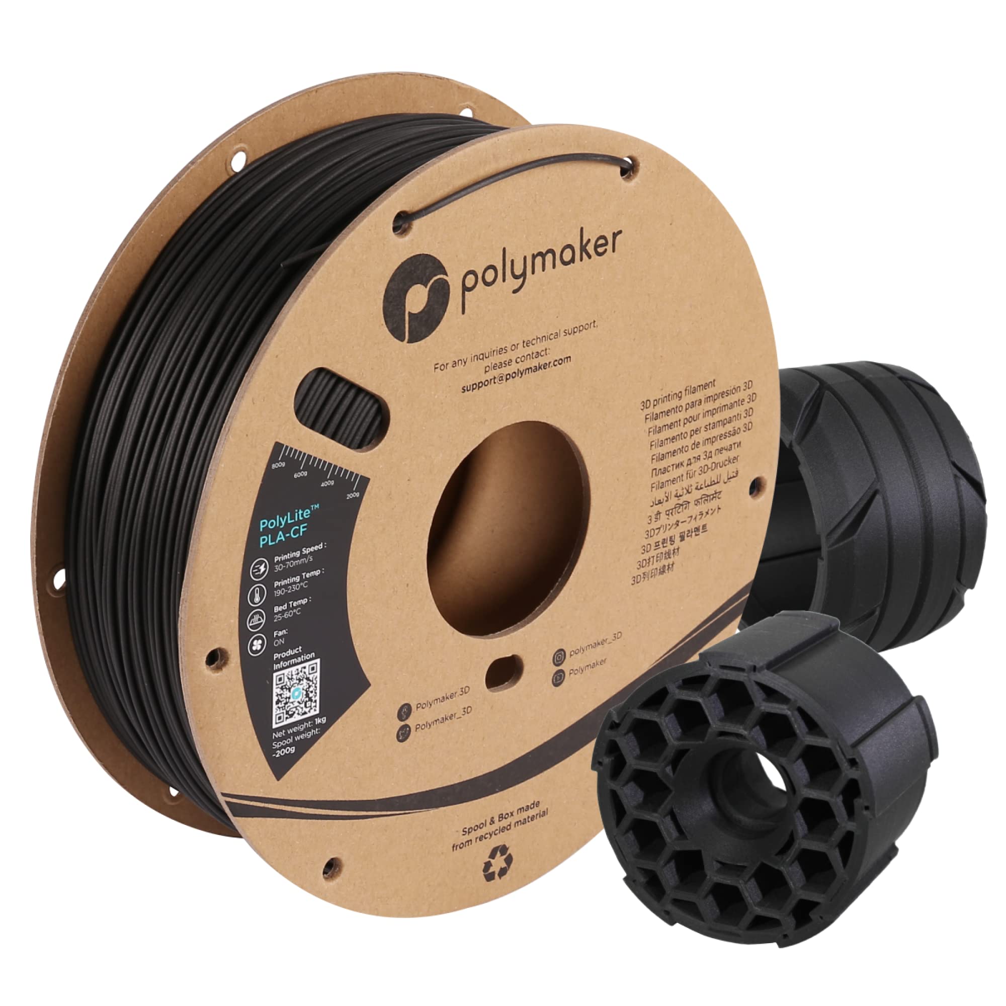 Polymaker PolyLite Carbon Fiber PLA Filament 1.75mm 1kg - High Strength Carbon Fiber Reinforced 3D Printing Filament with Matte Finish for Functional Prototypes, Automotive Parts & Engineering Applications