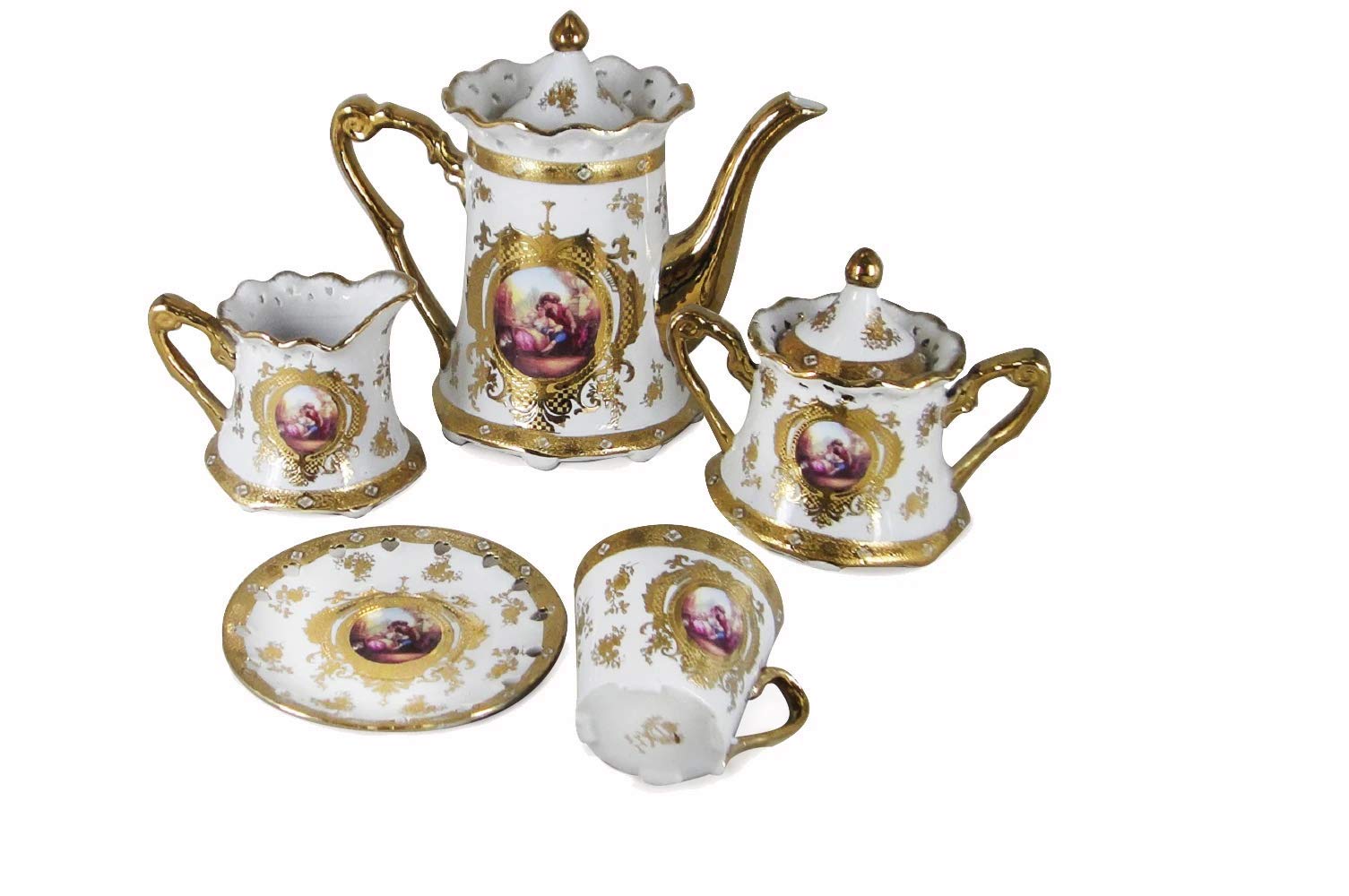 Limoges Style 17-Piece Romeo & Juliet Tea Set - White & Gold Floral Porcelain with Gift Box, 6-Person Service by Ashley Gifts - Perfect for Romantic Dinners, Bridal Showers & Anniversary Gifts
