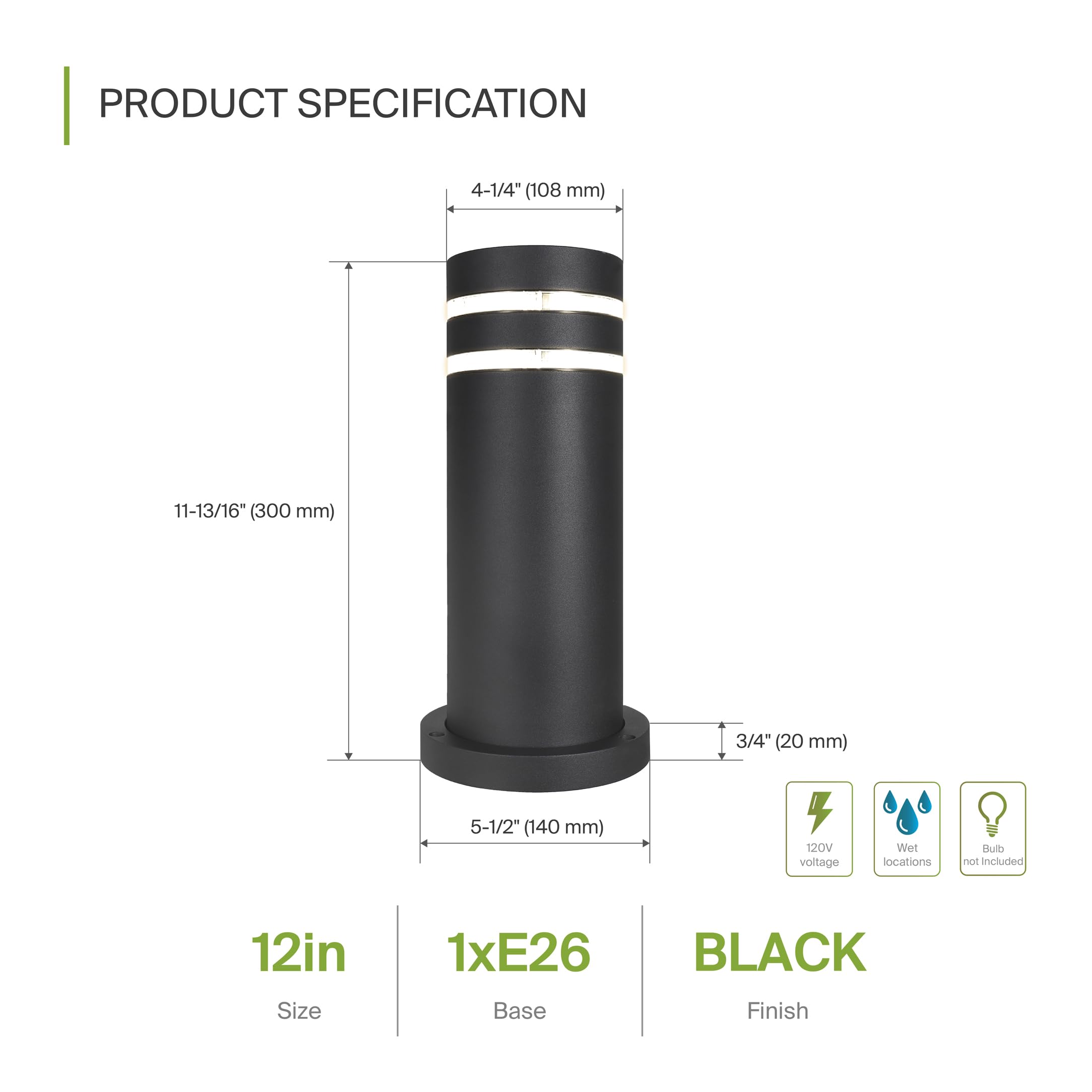 12 Inch Round Bollard Light Fixture - 60W E26 Socket 120V, Dimmable & Waterproof Outdoor Lighting - Compatible with LED/CFL/Incandescent Bulbs - ETL Listed Black Landscape Post Light for Garden, Pathway, and Driveway Illumination