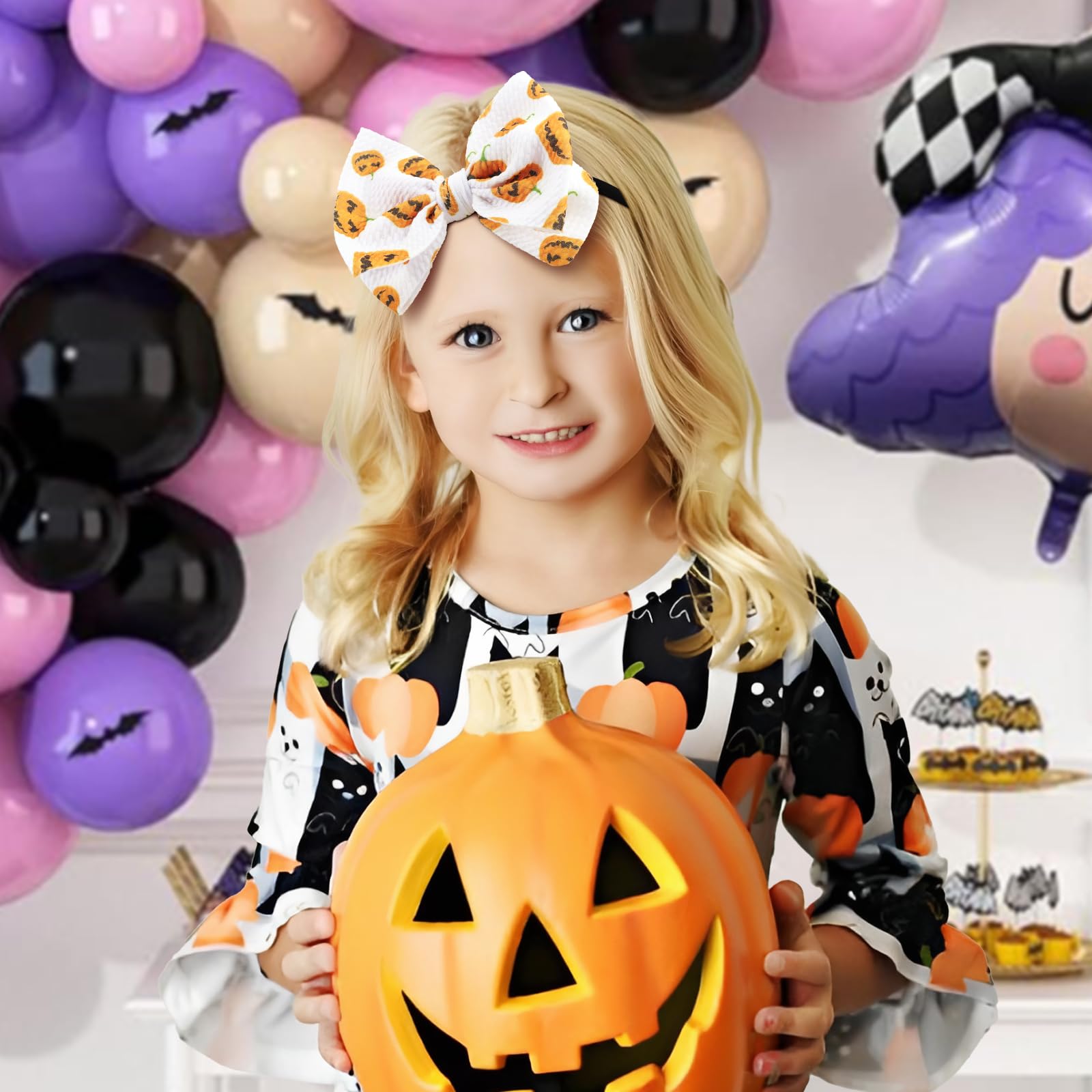 Halloween Baby Headbands with Bows - Pumpkin & Ghost Print for Girls - Party & Photo Props