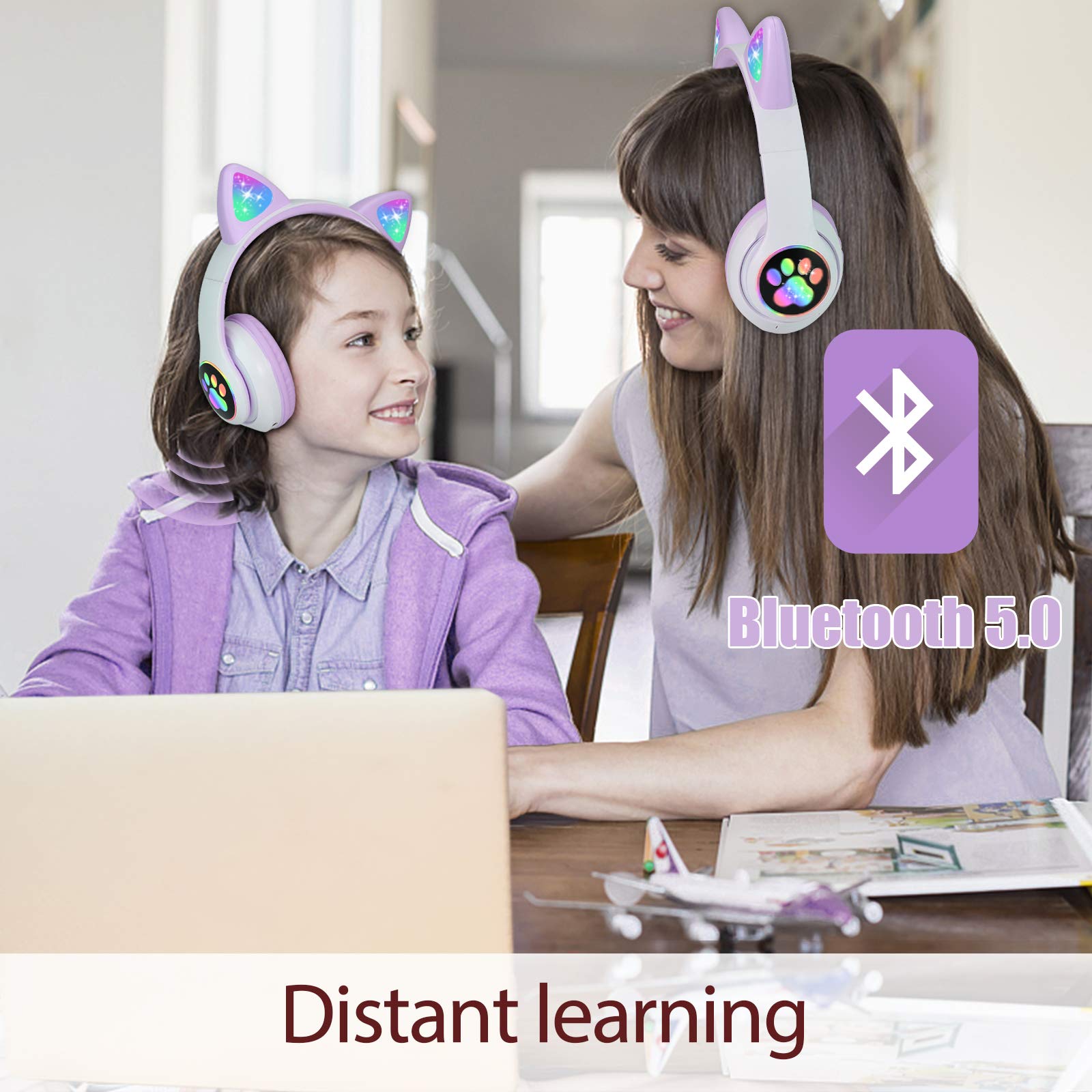 Wireless Cat Ear LED Headphones for Kids - Bluetooth Foldable Over-Ear Headset with Microphone, Light Up Headphones for Girls & Boys - Perfect for Online Learning, School, Gaming & Travel (Purple)