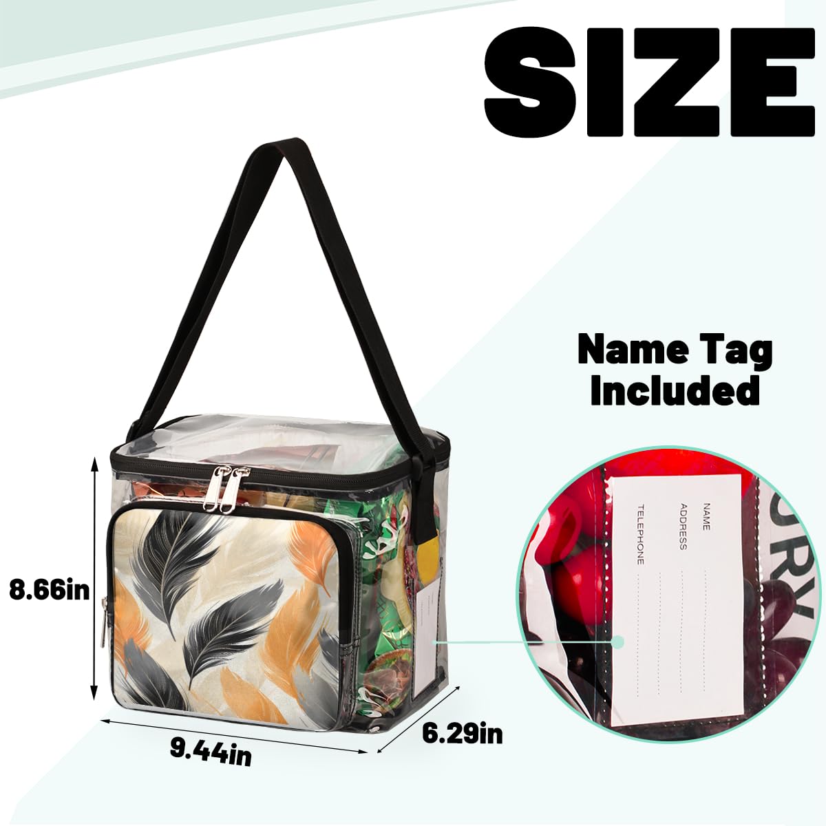 GzLeyigou Black & Yellow Feather Clear Tote Bag with Handles - Transparent Crossbody Shoulder Purse for Women, Lunch Bag - Perfect for Outdoor Travel, Picnic, Concerts & Sports Events (Stadium Approved)