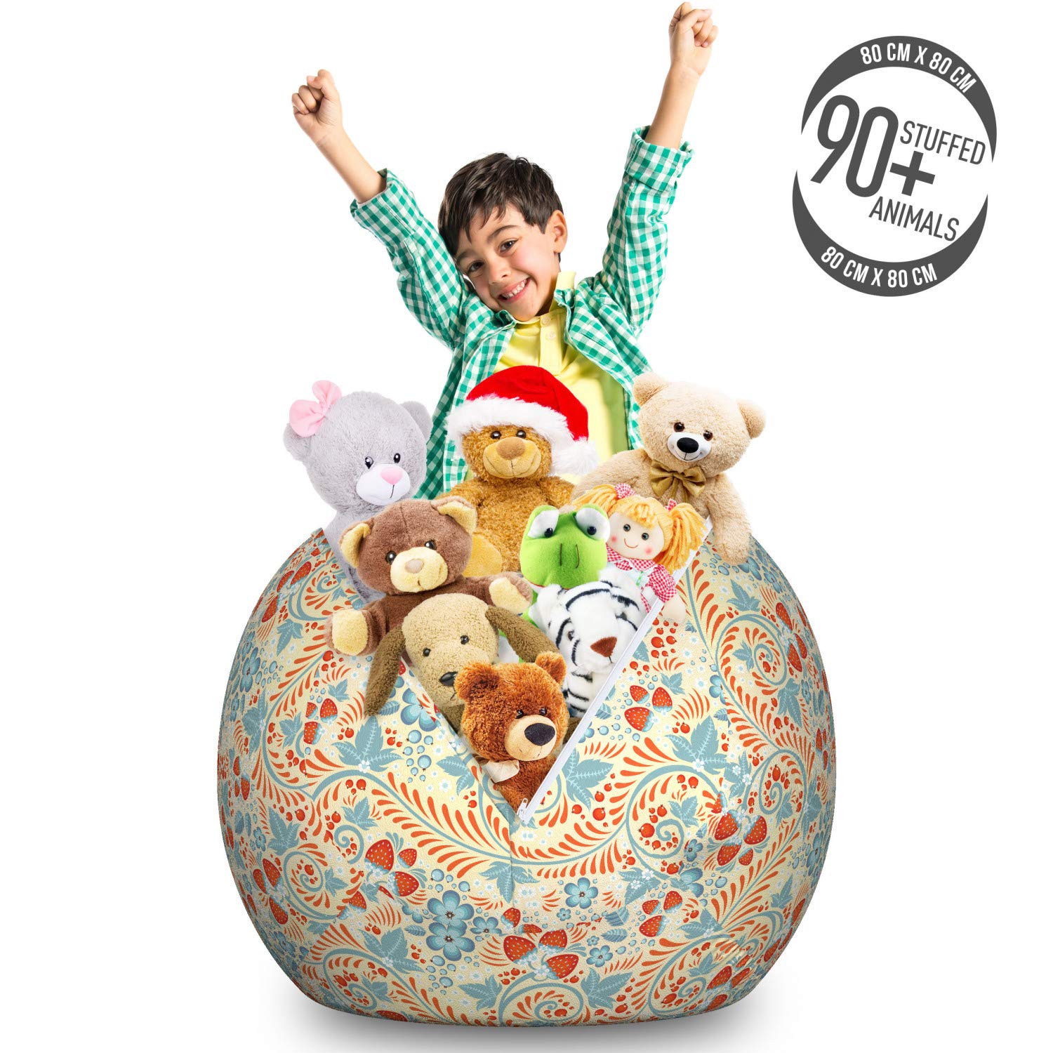 Ambesonne Floral Storage Toy Bag Chair - Large Washable Stuffed Animal Organizer with Traditional Khokhloma Flowers & Strawberries Pattern in Cream, Teal & Vermilion | Kids Room Decor, Nursery Storage Solution, Playroom Organization