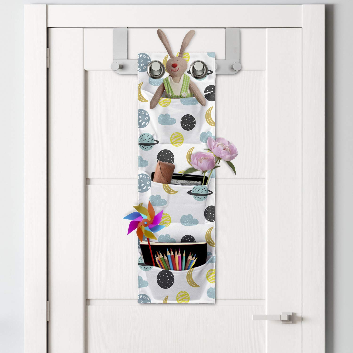 Ambesonne Moon Hanging Pocket Organizer - Crescent Planets & Clouds Pattern Printed Polyester Storage Bag with Pockets, 9