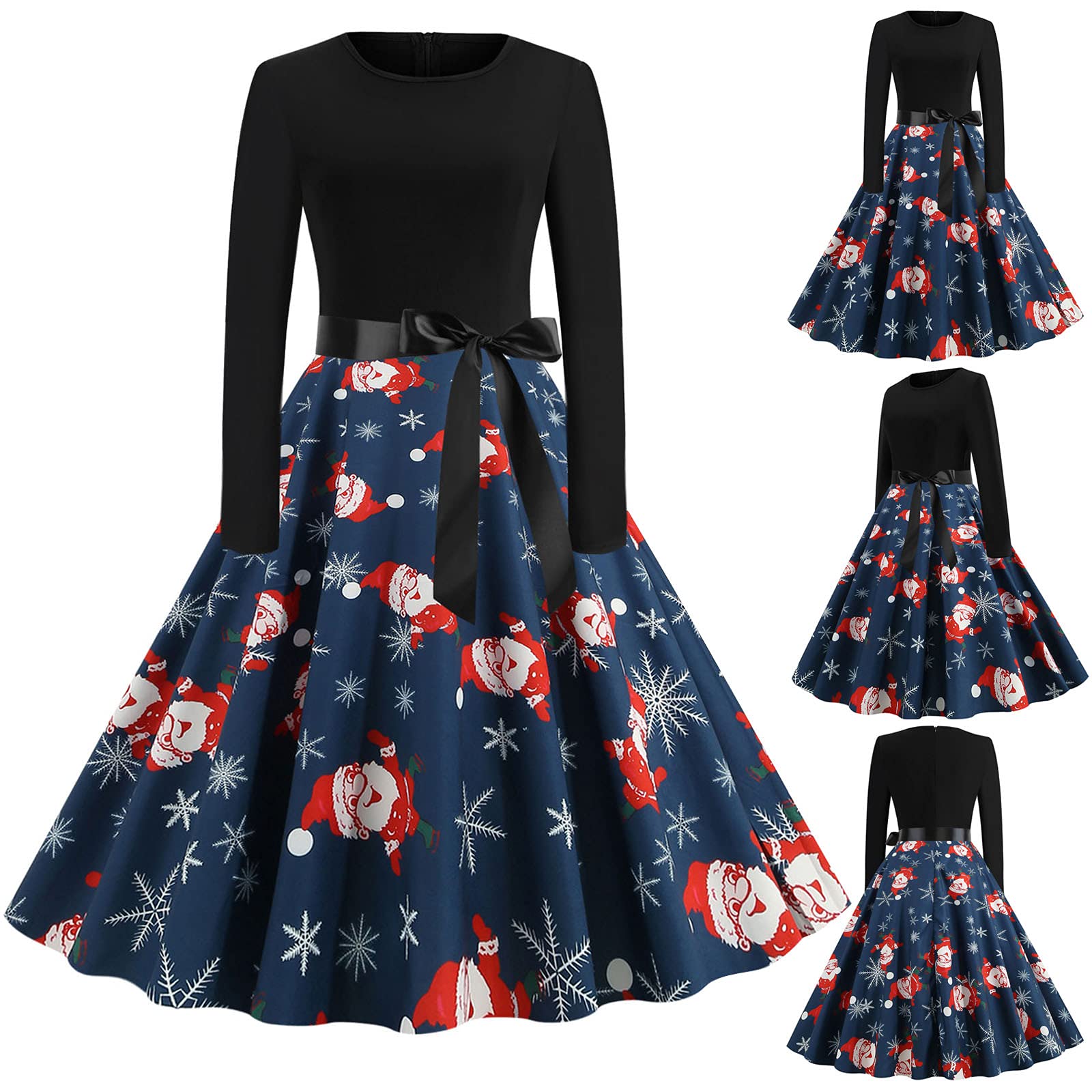 Vintage Christmas Dresses for Women - Casual Midi Dress with Long Sleeves, Patchwork A-Line Design & Back Zip - Perfect for Holiday Parties, Cocktail Events & Prom