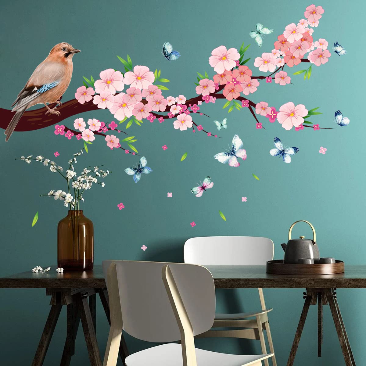 Cherry Blossom Tree Wall Decals - Pink Watercolor Flower & Birds Vinyl Stickers, Green Leaf & Butterfly Removable Wall Art for Nursery, Kids Room & Home Decor - Perfect for Spring Themed Bedrooms, Living Rooms & DIY Wall Makeovers