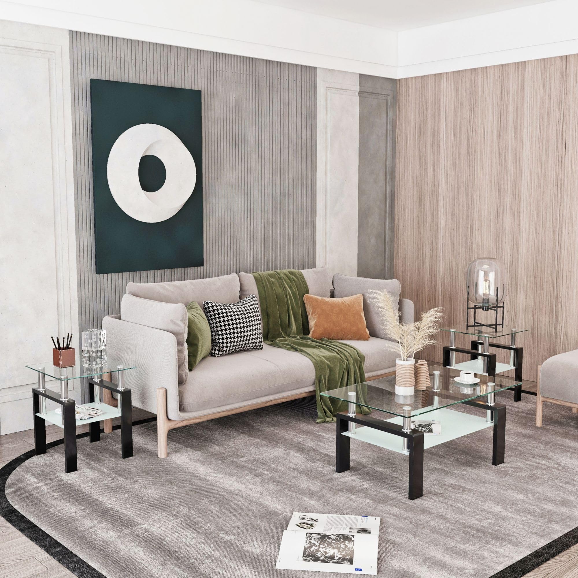 IANIYA 3-Piece Modern Tempered Glass Coffee Table Set - Sleek Design Living Room Furniture with High Capacity - Perfect for Small Spaces, Apartments & Contemporary Home Decor (Transparent)