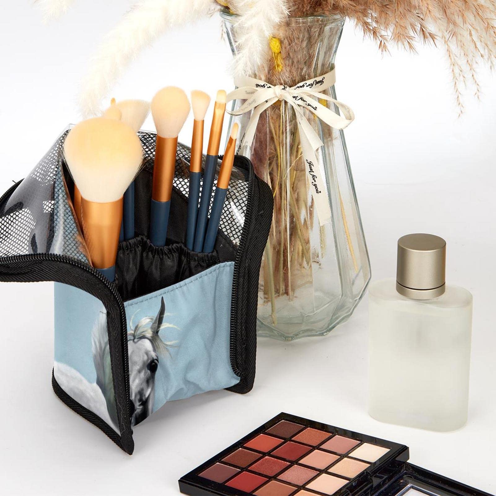 Premium 12-Slot Makeup Brush Organizer Bag - Portable Travel Cosmetic Brush Holder Case with Farm Animal White Horse Design - Perfect for Home, Travel & Professional Makeup Artists