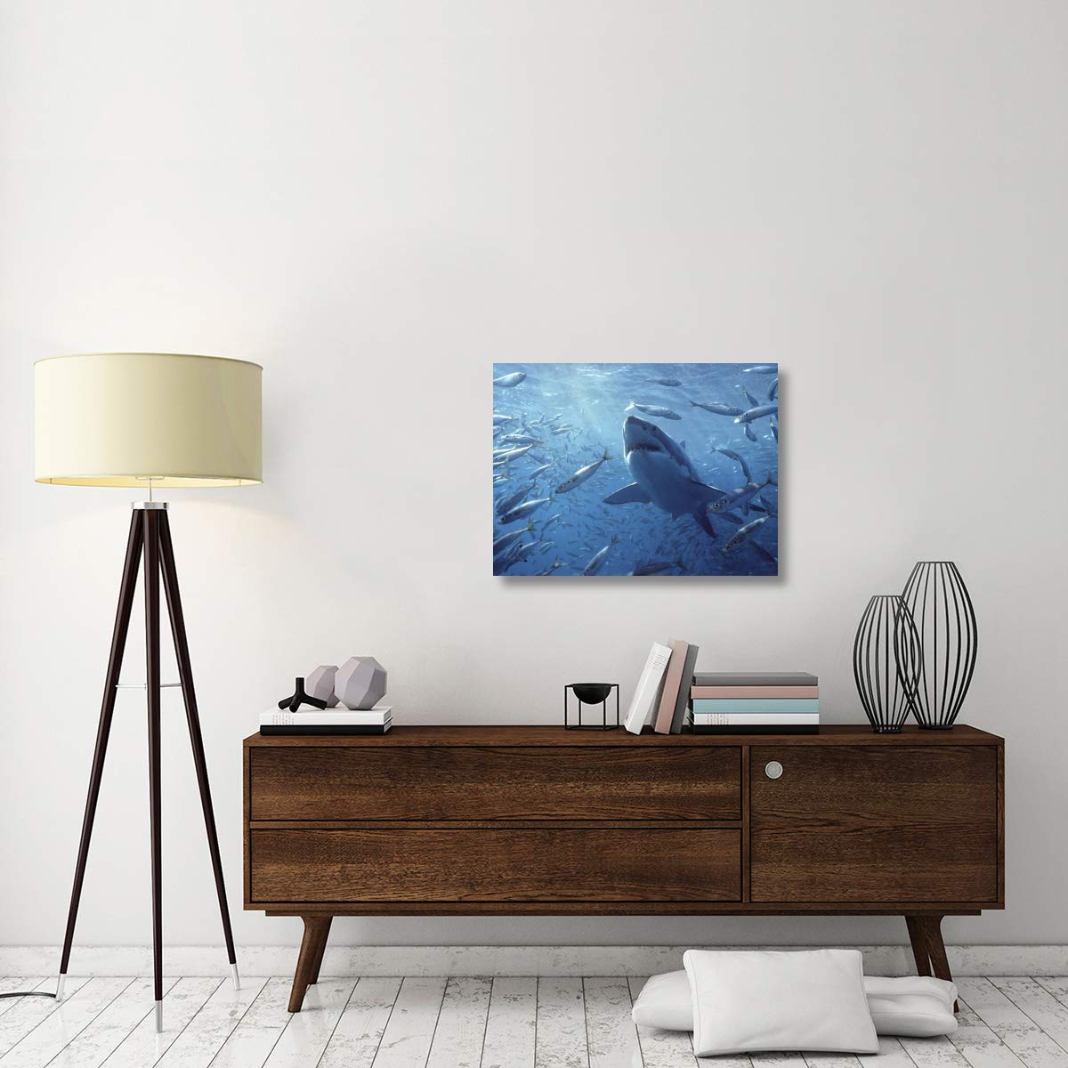Great White Shark with Schooling Fish Canvas Art Print - 32x24 Inch - Digitally Enhanced Ocean Wildlife Wall Decor - Perfect for Living Room, Office or Beach House