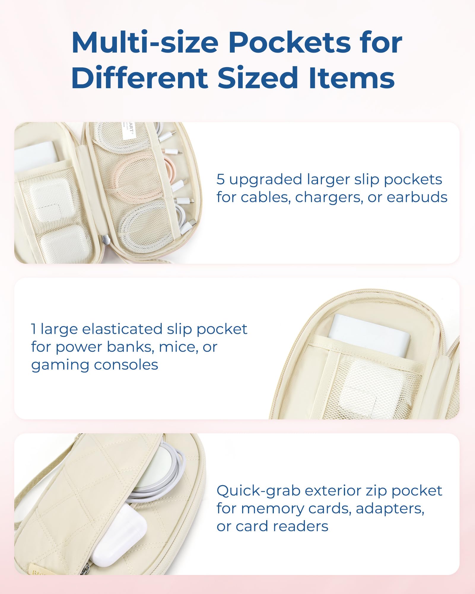 BAGSMART Travel Cord Organizer - Electronics Organizer Bag for Charger, Cable, Phone & Flash Drive | Puffer Cable Storage Case | Compact Tech Organizer for Women | Beige | Perfect for Travel, Office & Daily Commute