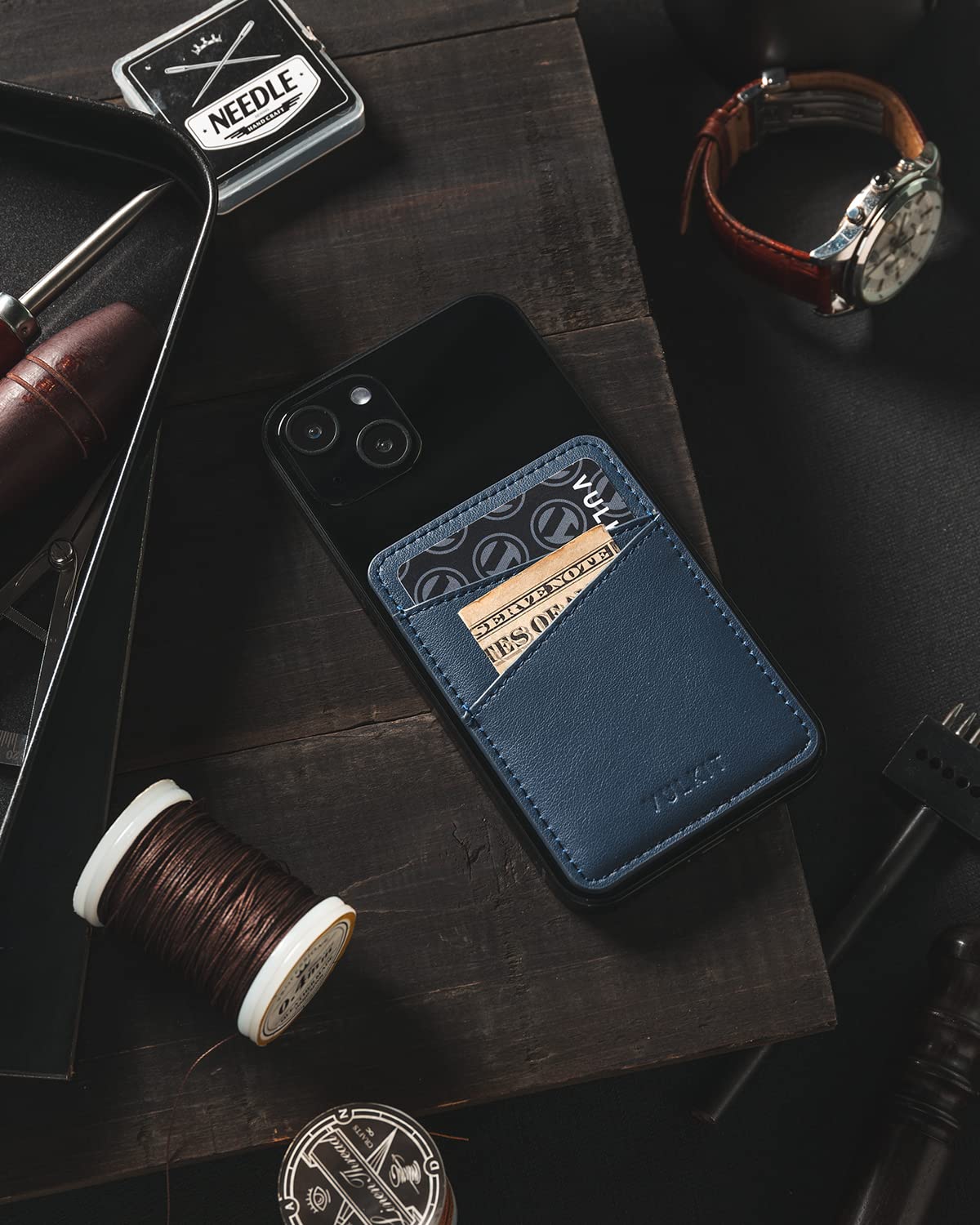 VULKIT RFID Blocking Leather Phone Wallet - Adhesive Card Holder for iPhone & Smartphones, Navy Blue | Stick-on Credit Card Sleeve for Contactless Protection (Perfect for Travel, Shopping & Daily Commute)