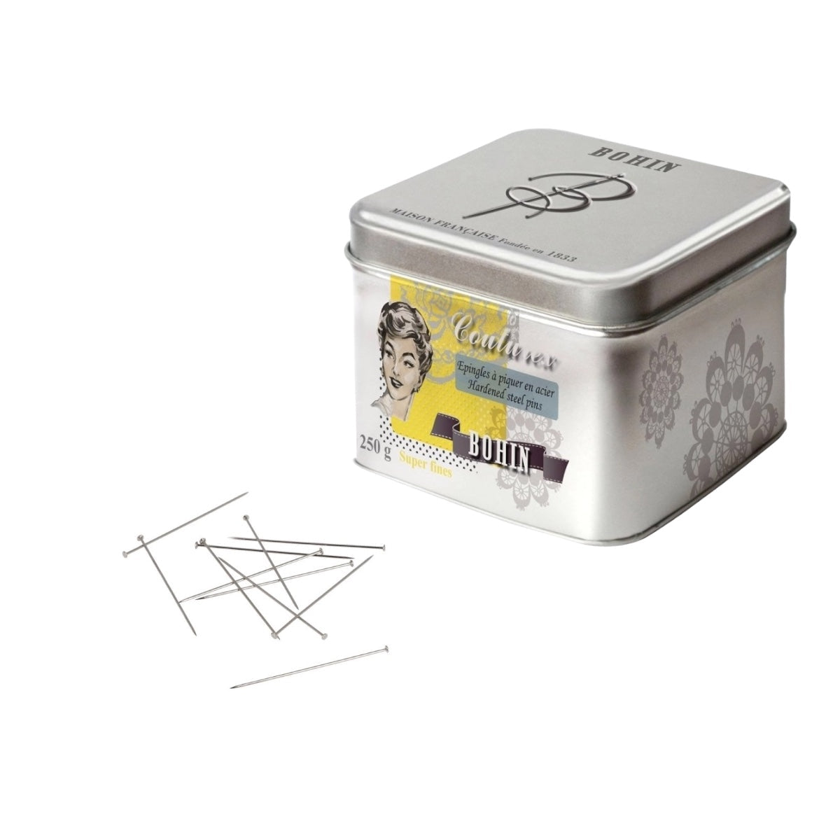 Bohin Super Fine Dressmaker Pins - 250g Box of Premium Sewing Pins for Quilting, Dressmaking & Fabric Crafts | Perfect for Delicate Fabrics & Professional Tailoring