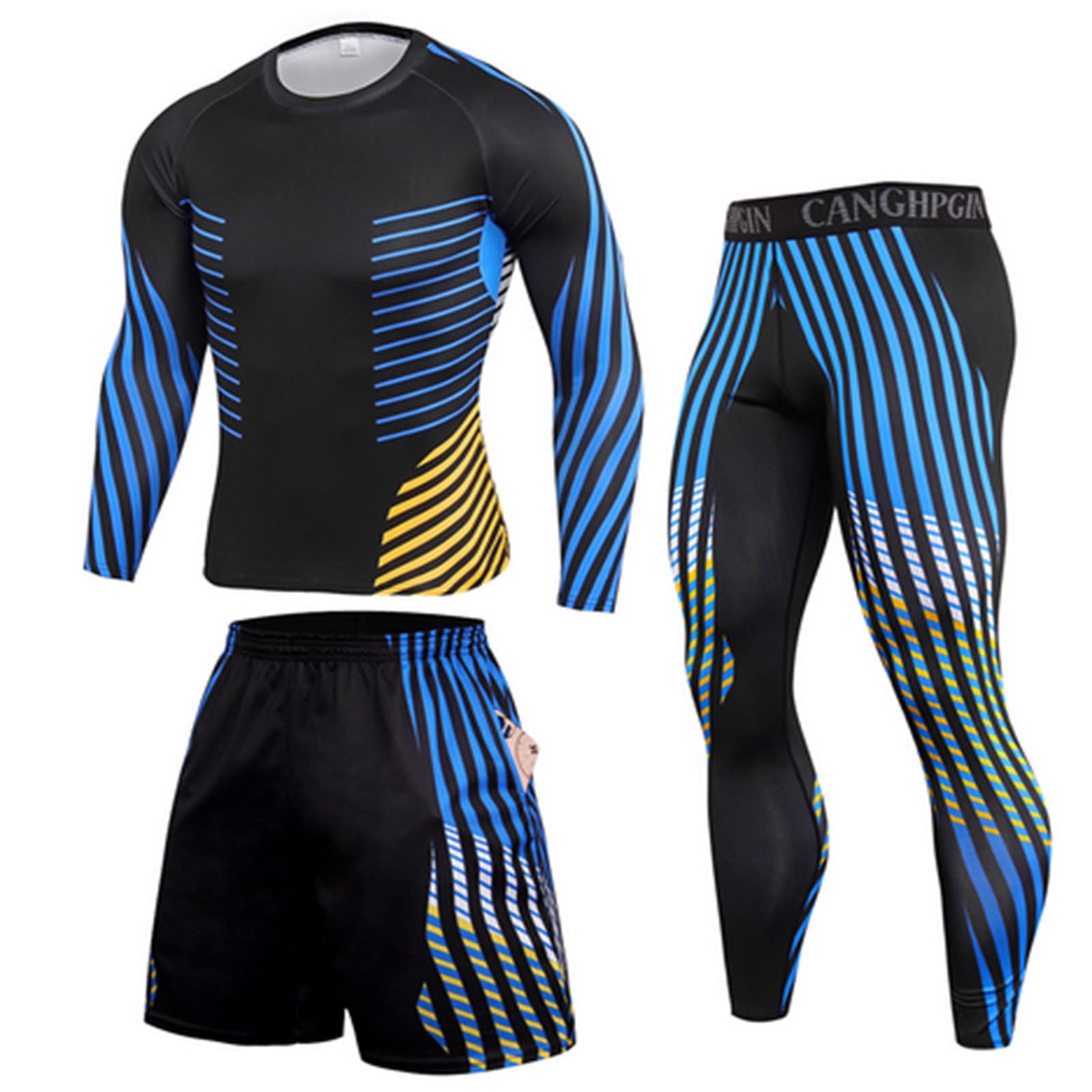3-Piece Men's Compression Workout Set - Long Sleeve Shirt, Pants & Shorts - Moisture Wicking Fitness Sports Jersey for Gym, Running & Training - Perfect for High-Intensity Workouts & Athletic Performance