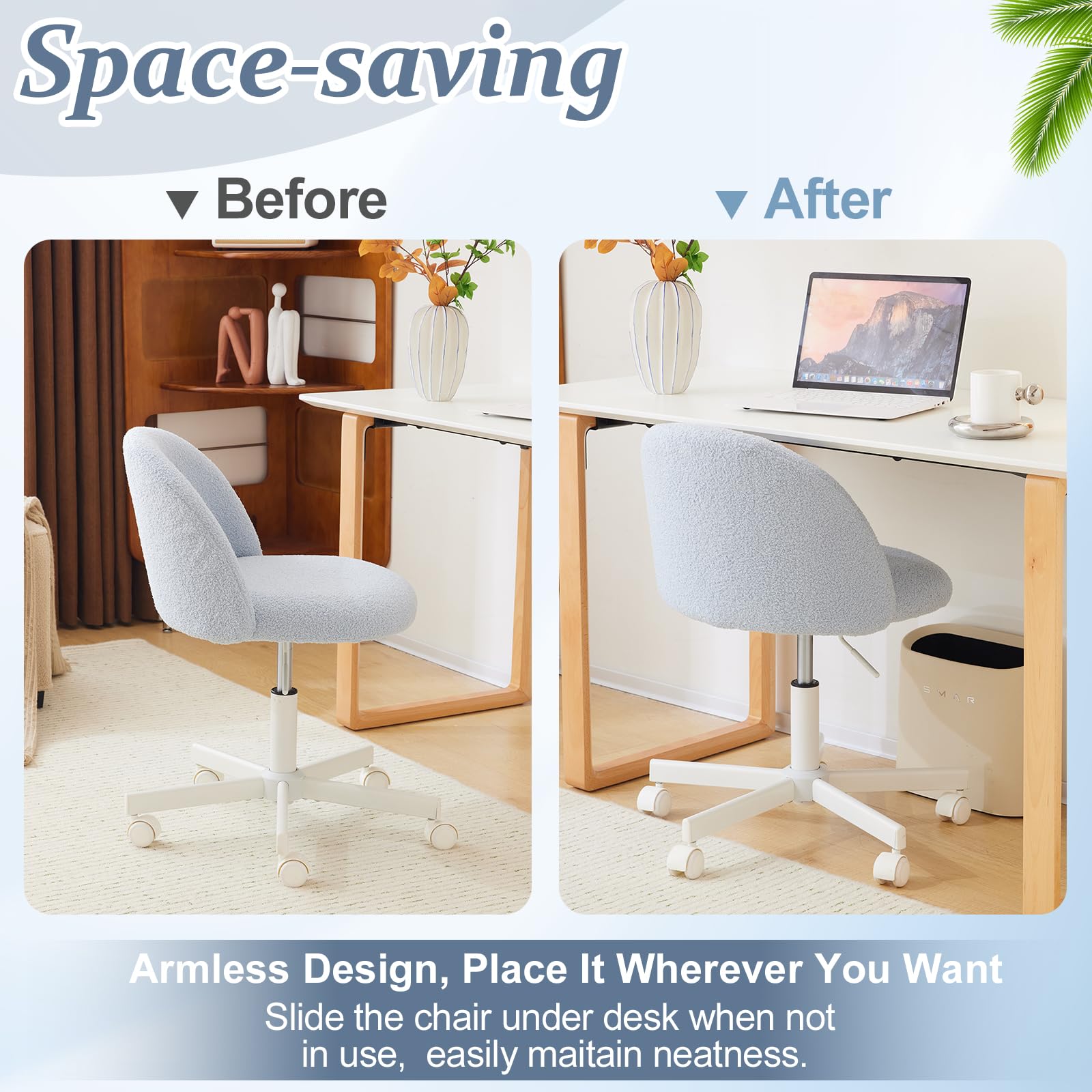 VINGLI Armless Cute Teddy Desk Chair with Wheels - Adjustable Swivel Office Chair with Lumbar Support, Comfortable Small Computer Task Chair for Home Office, Bedroom & Vanity (Poetic Blue) - Perfect for Work, Study & Makeup Stations