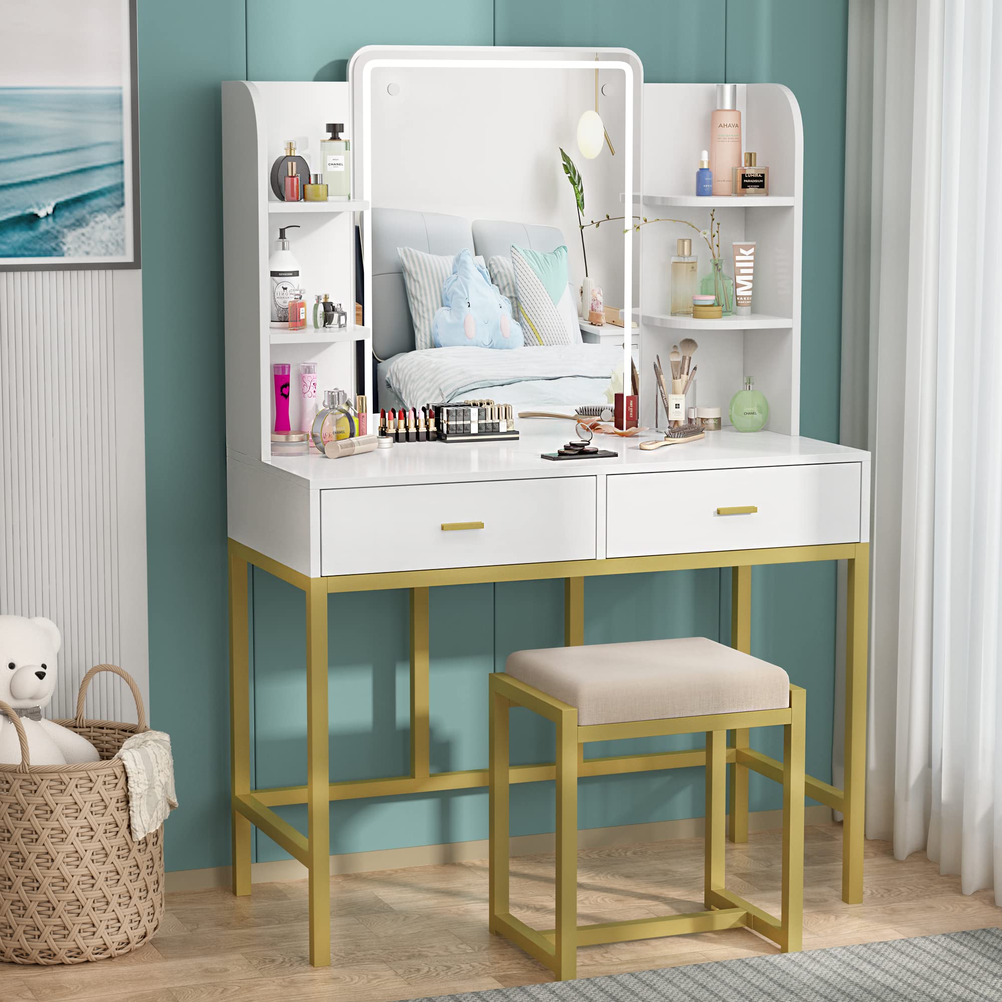 Lighted Makeup Vanity Set with Mirror & Stool - Gold-White Dresser for Bedroom Beauty