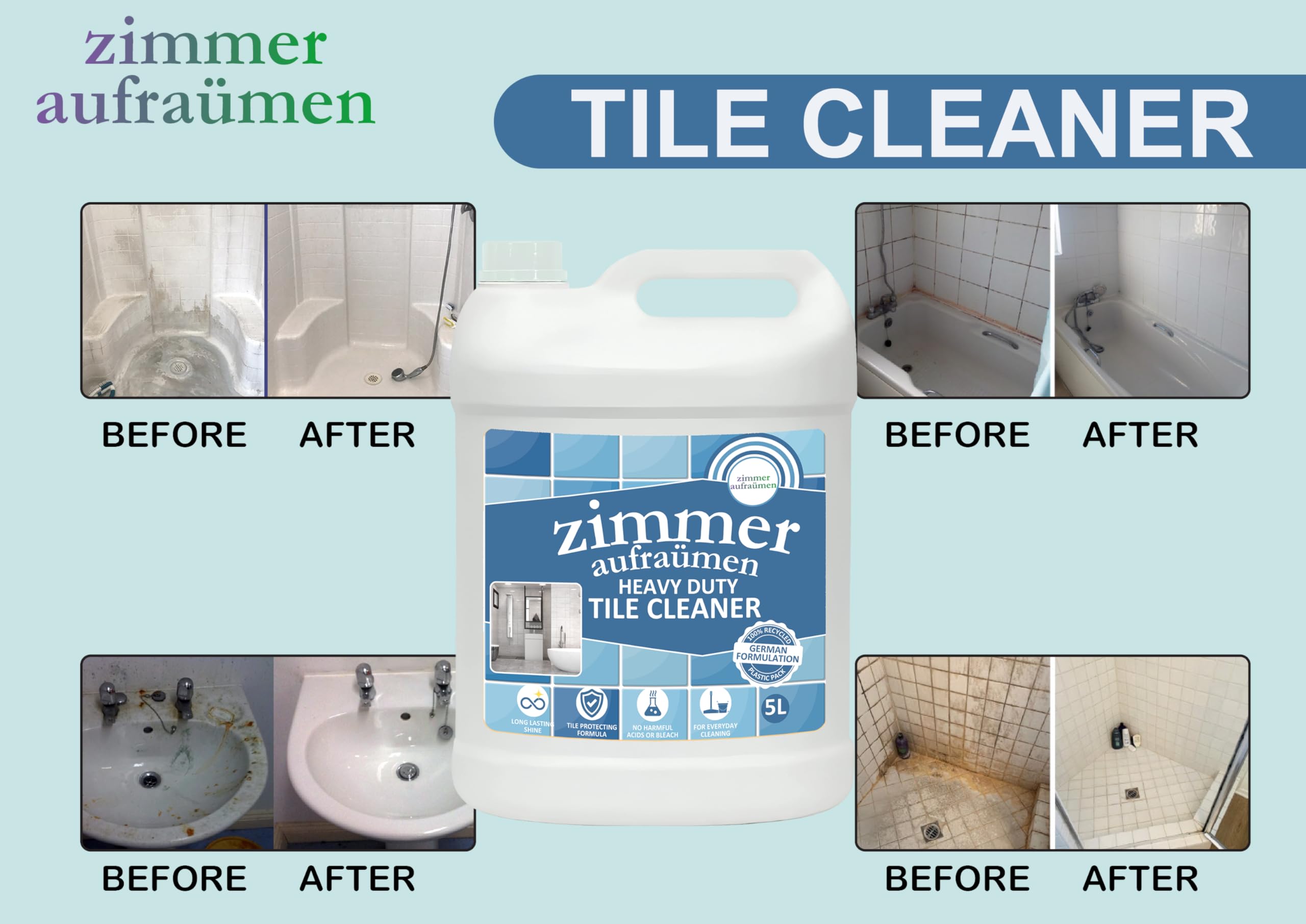 Zimmer Aufraumen Bathroom Tile Cleaner (5L) - Powerful Stain Remover for Ceramic, Porcelain & Grout - Ideal for Showers, Bathtubs & Sinks