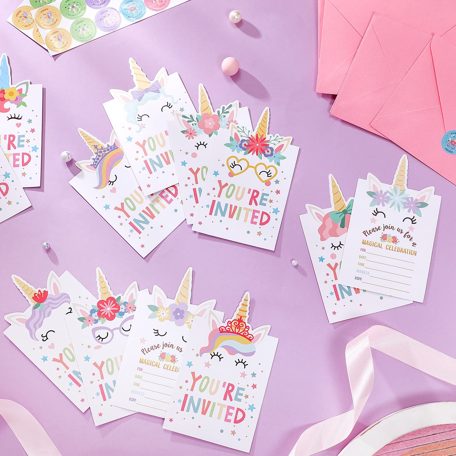 24 Sets Mermaid Birthday Invitations with Envelopes & Stickers - Unicorn Butterfly Rainbow Teapot Elephant Themed Party Supplies for Kids Birthday, Baby Shower, Pool Party - Perfect for Mermaid Themed Decorations & Underwater Fantasy Celebrations