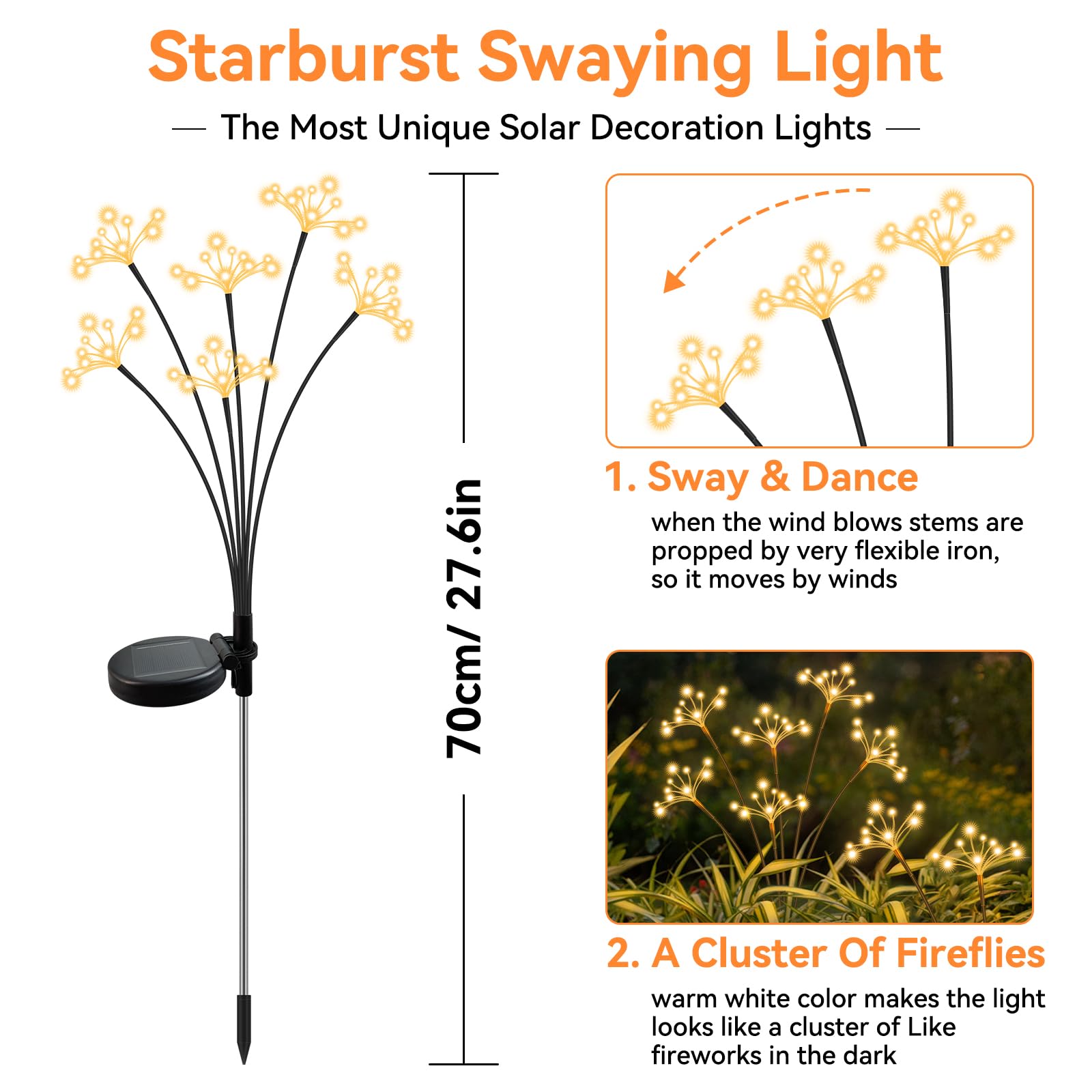 2 Pack Waterproof Solar Swaying Starburst Lights - Outdoor Solar Garden Lights for Yard, Patio, Pathway - Warm White LED Firework Decor for Landscape & Nighttime Ambience