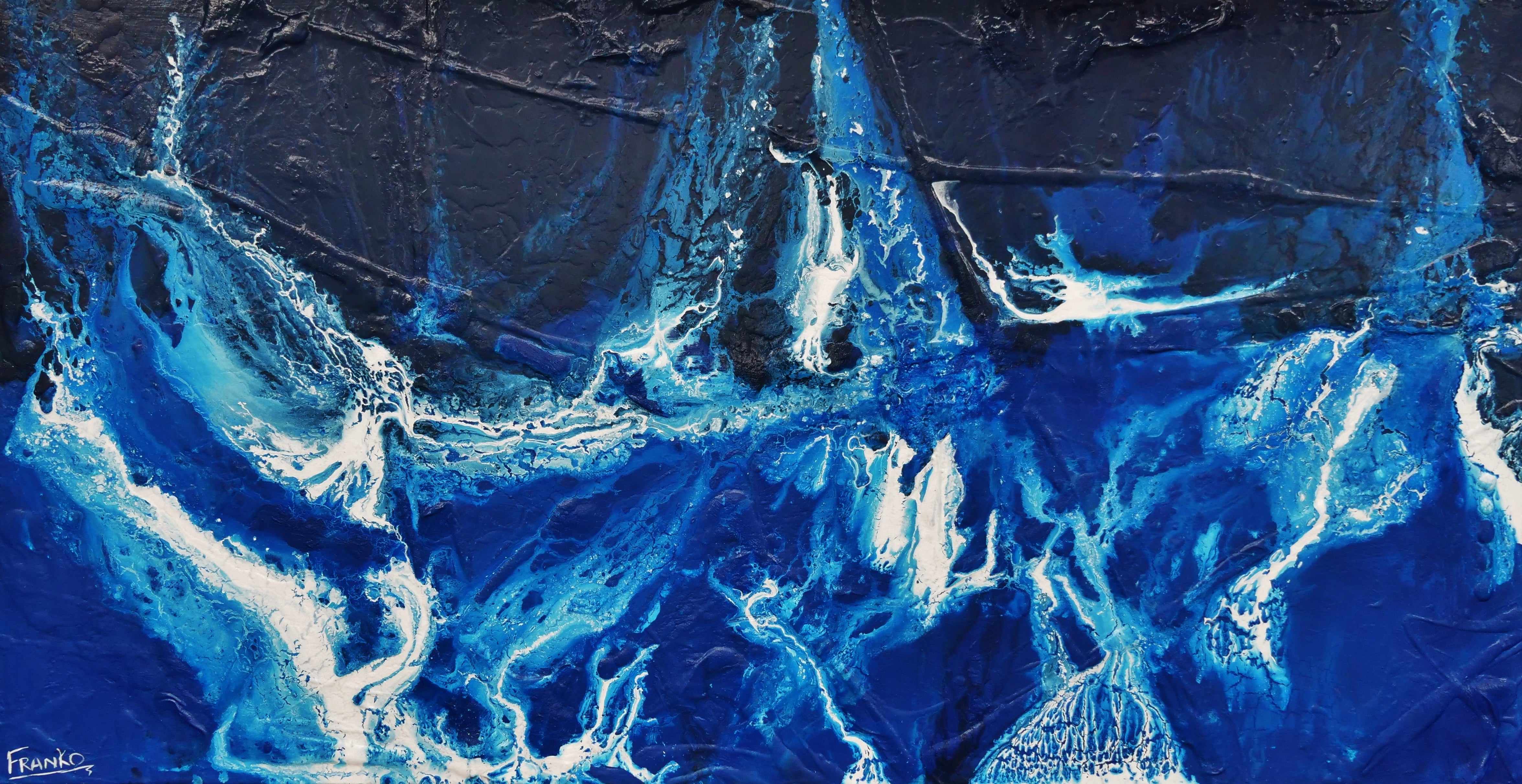Midnight Sapphire 190cm x 100cm Blue White Textured Abstract Canvas Art - Modern Wall Decor for Living Room, Bedroom & Office