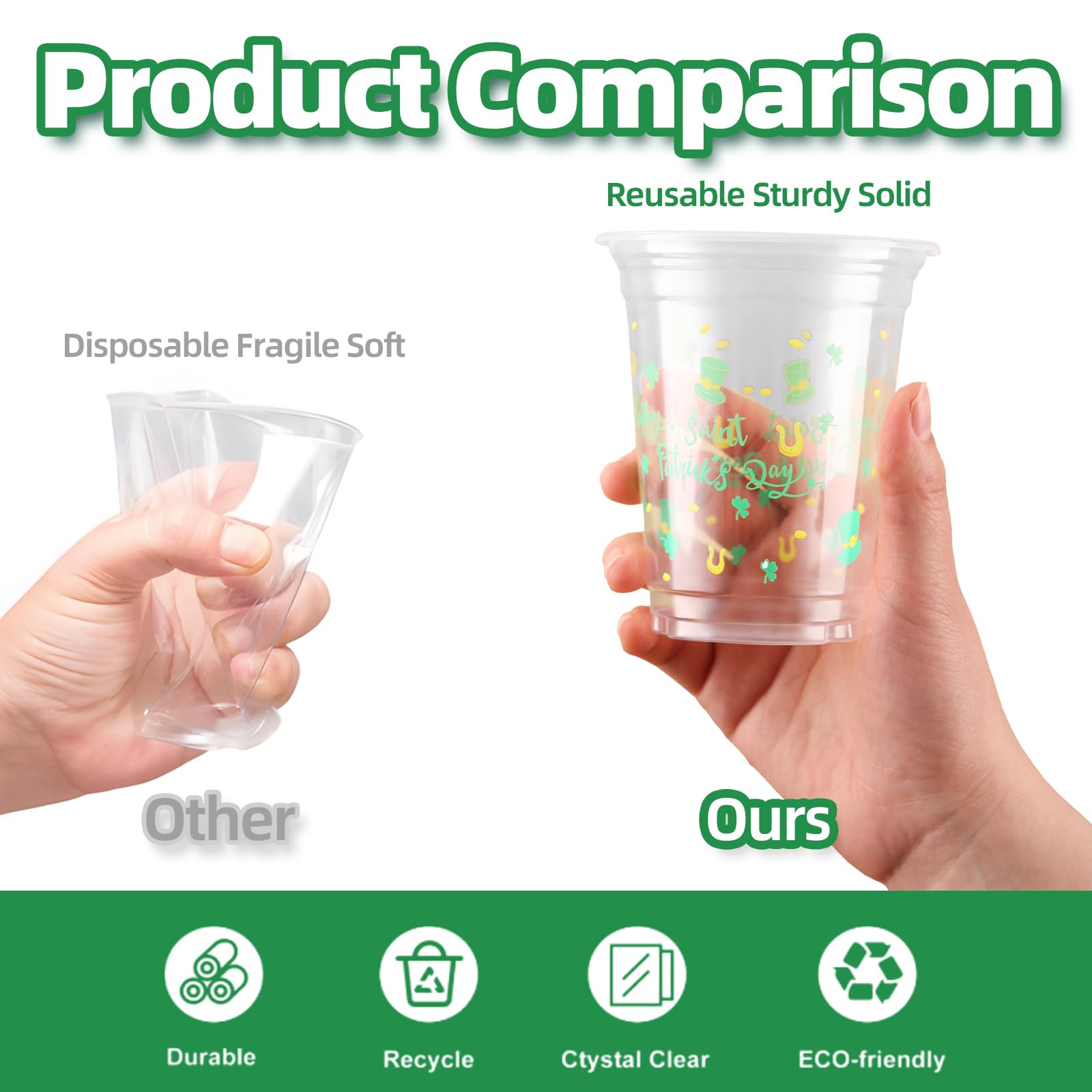 50 Pcs 12 oz St. Patrick's Day Plastic Cups - Irish Themed Disposable Green Shamrock Clear Beverage Cups for St. Patrick's Day Party Supplies & Decorations | Perfect for Irish Themed Parties, Parades, and Pub Events