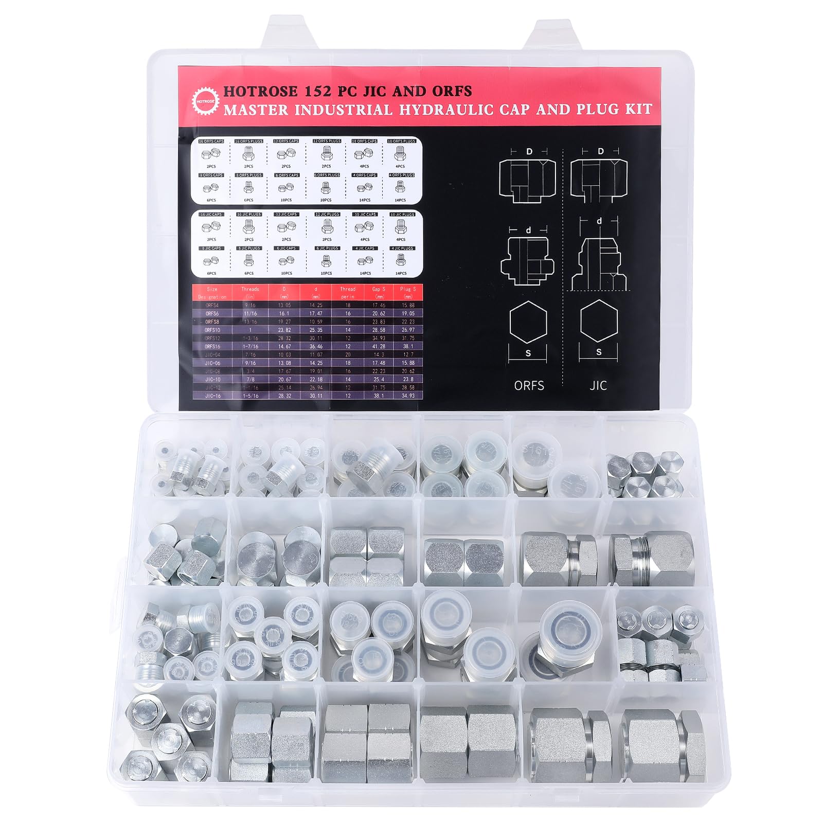 152 PCS JIC & ORFS Hydraulic Cap and Plug Kit - Industrial Hose, Tube & Pipe Fittings Set with Precision Threading (ORFS Flat Face & JIC 37° Dash Sizes 4-16) - Ideal for Hydraulic System Maintenance, Repair & Fluid Line Protection