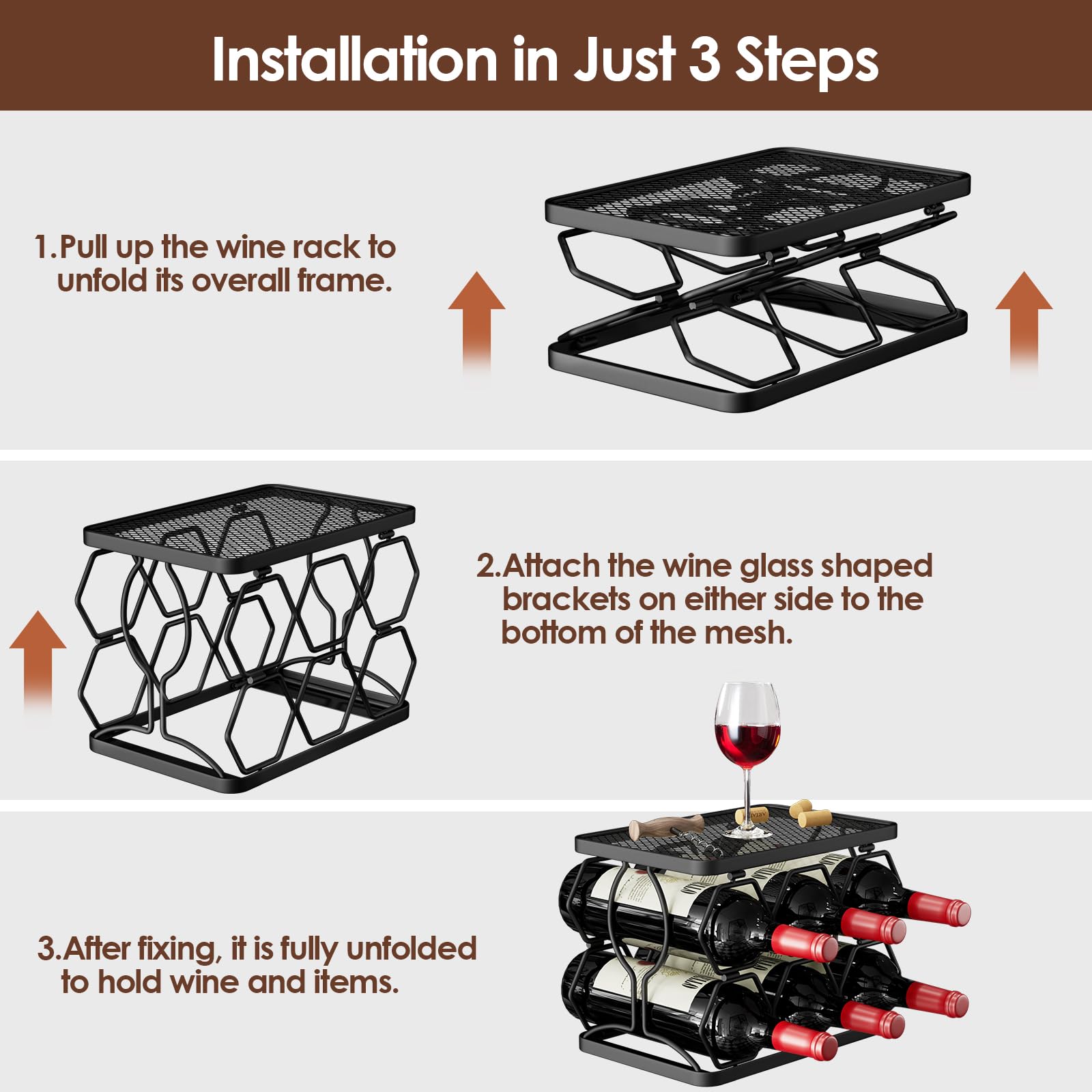 Nuovoware Foldable Hexagon Wine Rack - 6 Bottle 2 Tier Countertop Wine Holder for Kitchen, Bar, Pantry & Dining Room | Durable Carbon Steel Construction | Space-Saving Freestanding Design | Perfect for Home Entertaining & Wine Storage (Black)