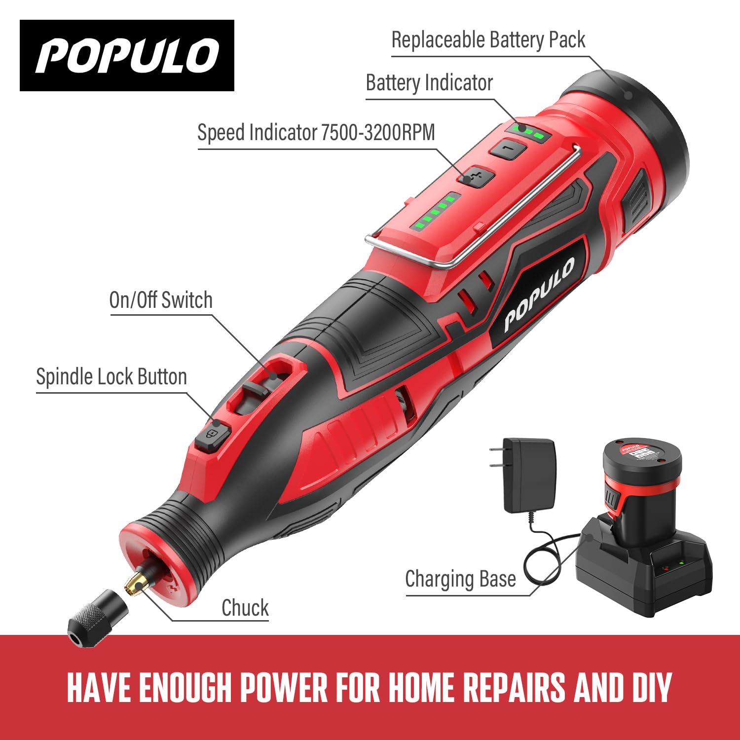 POPULO 12V Cordless Rotary Tool Kit with 114 Accessories - 5 Variable Speeds up to 32000RPM - Engraver, Sander, Polisher for DIY, Woodworking, Metal Crafting & Home Repair - Includes Safety Shield & Easy Change System